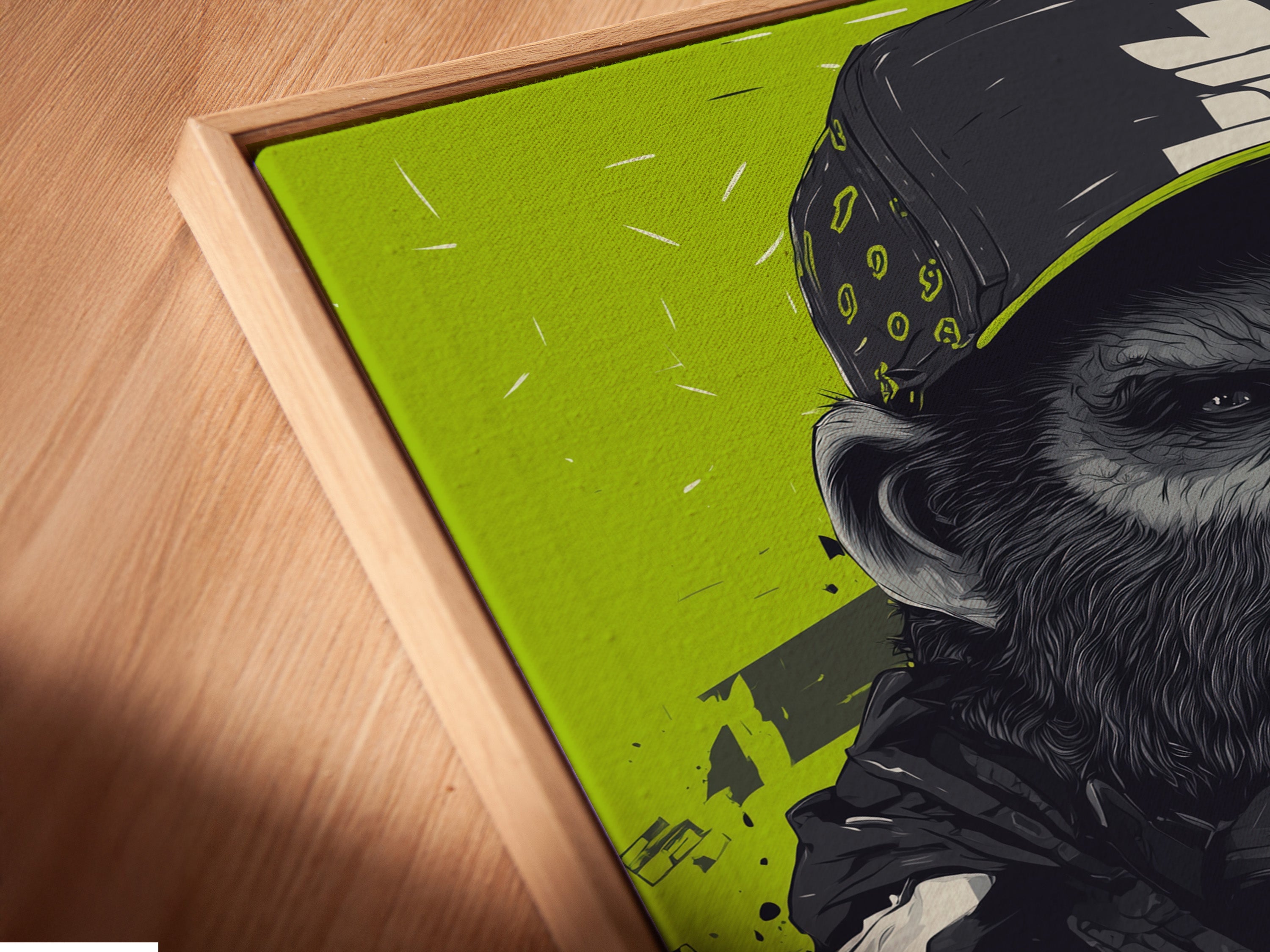 A close-up angled view reveals the canvas print in a floating frame. The gorilla workout art pops in this modern setting. The floating frame enhances the urban animal art. This piece is perfect for a home gym or office space. It adds a contemporary touch.