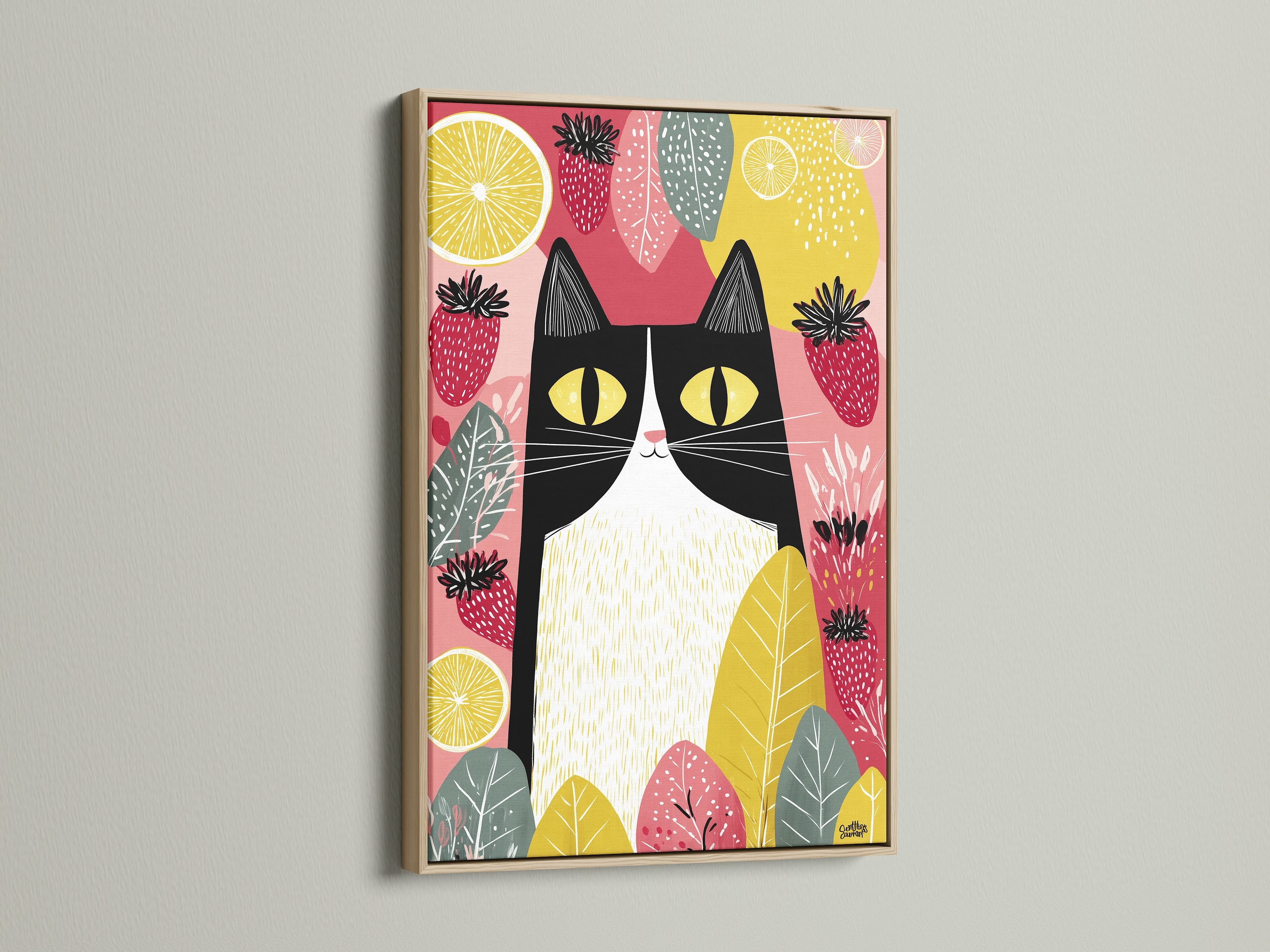 A charming cat art print is framed in oak. This kitchen wall art features a delightful cat with fruit. The artwork adds a touch of modern folk style to any space. Its primary color is yellow. The secondary color is pink. Perfect for cat lovers.