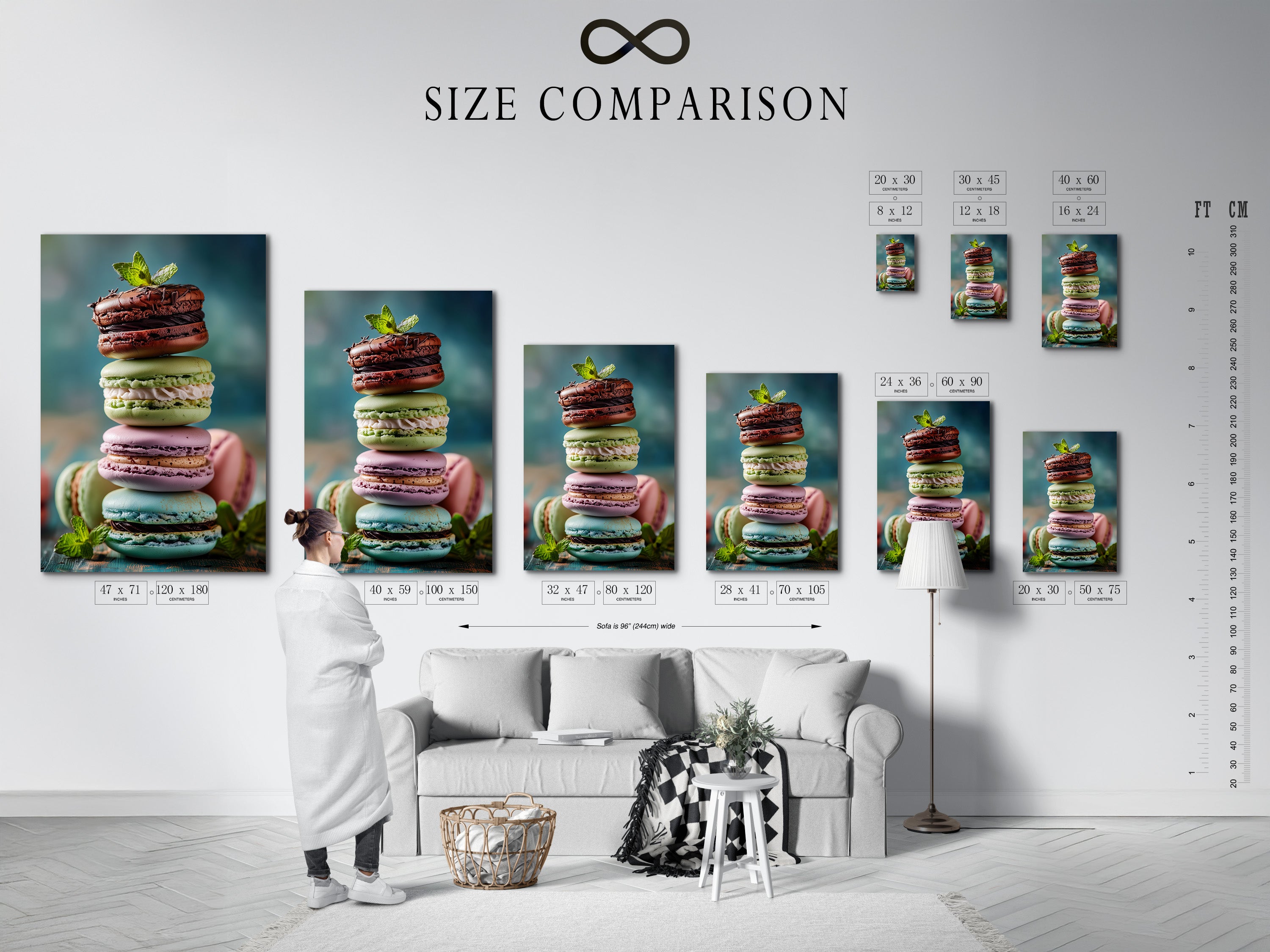 A size comparison chart is displayed in an interior setting. The chart helps visualize different artwork sizes in a real room. See how various sizes fit your space. Choose the perfect size for your art.