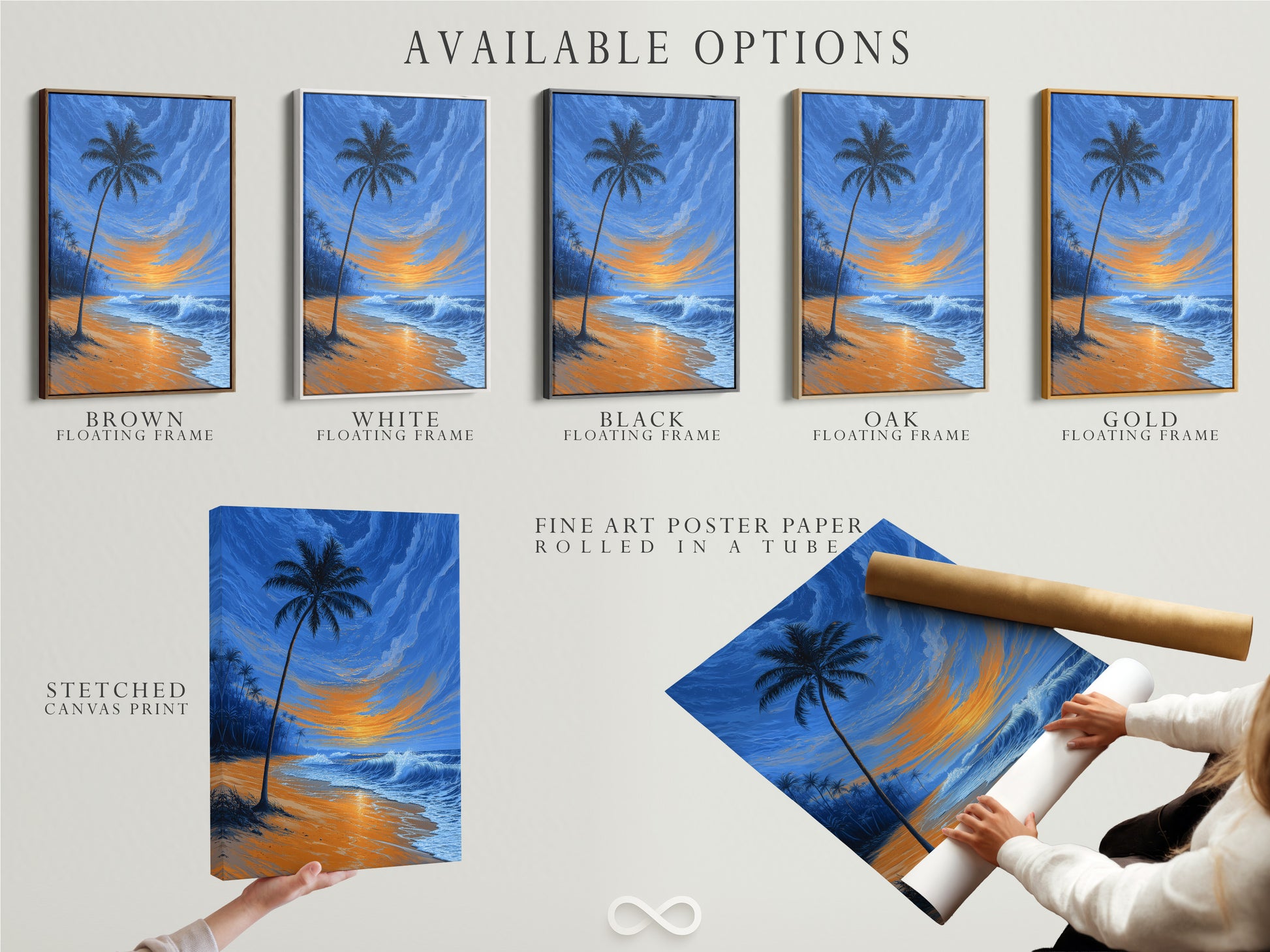 Explore available options for tropical beach art. Choose from stretched canvas prints fine art poster paper or floating frames. Admire the palm tree at sunset and ocean waves. Customize your coastal wall decor to match your unique style.