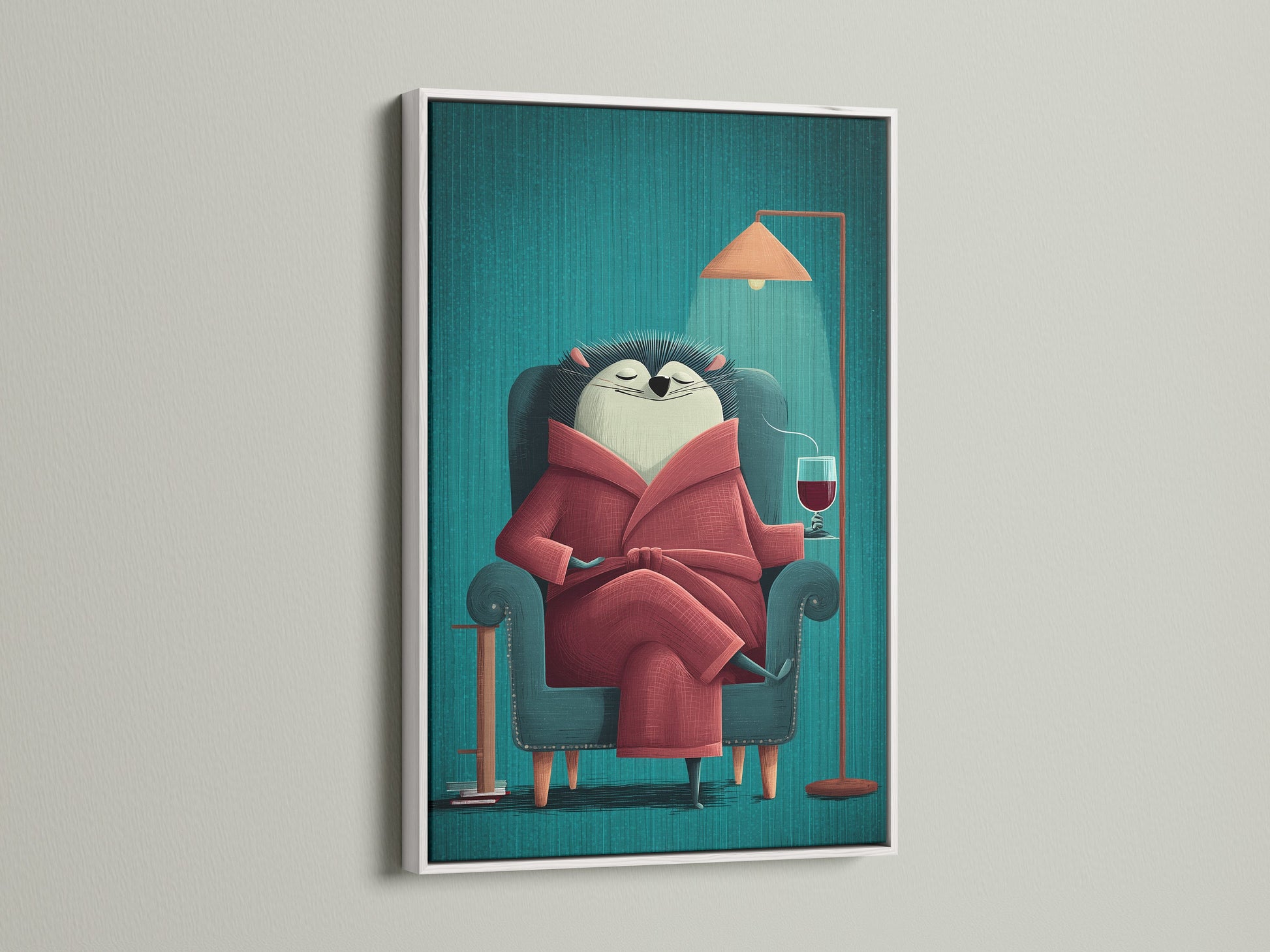 The Reading Hedgehog artwork is showcased in a clean white frame. The bright white frame offers a modern look. The white frame makes the art pop. This whimsical animal print is great for contemporary spaces. Add a touch of cute animal decor to your home.