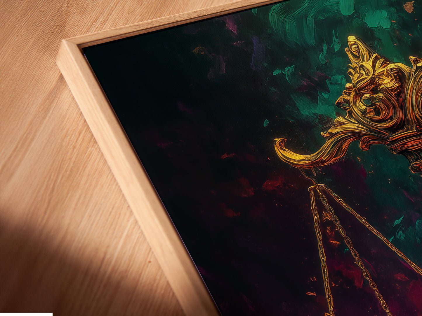 Close-up view of a canvas print featuring the scales of justice in a floating frame. This ornate legal wall art adds depth and dimension to any room. Ideal for law offices and legal professionals. Discover the beauty of this mystical courthouse decor.