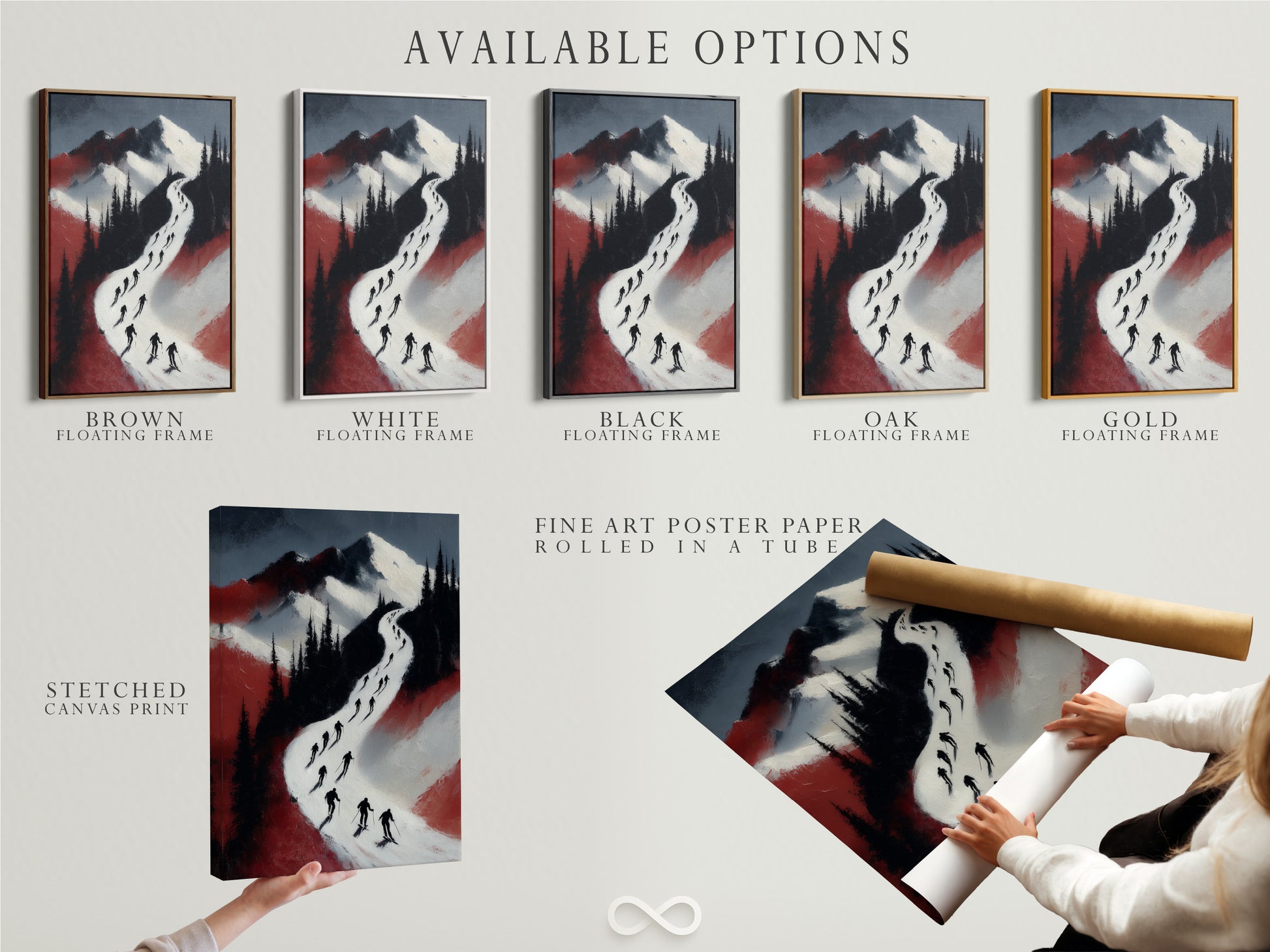 Available options include a stretched canvas print fine art poster paper and a floating frame. Customize your ski mountain artwork to match your style. Perfect for interior decorators.
