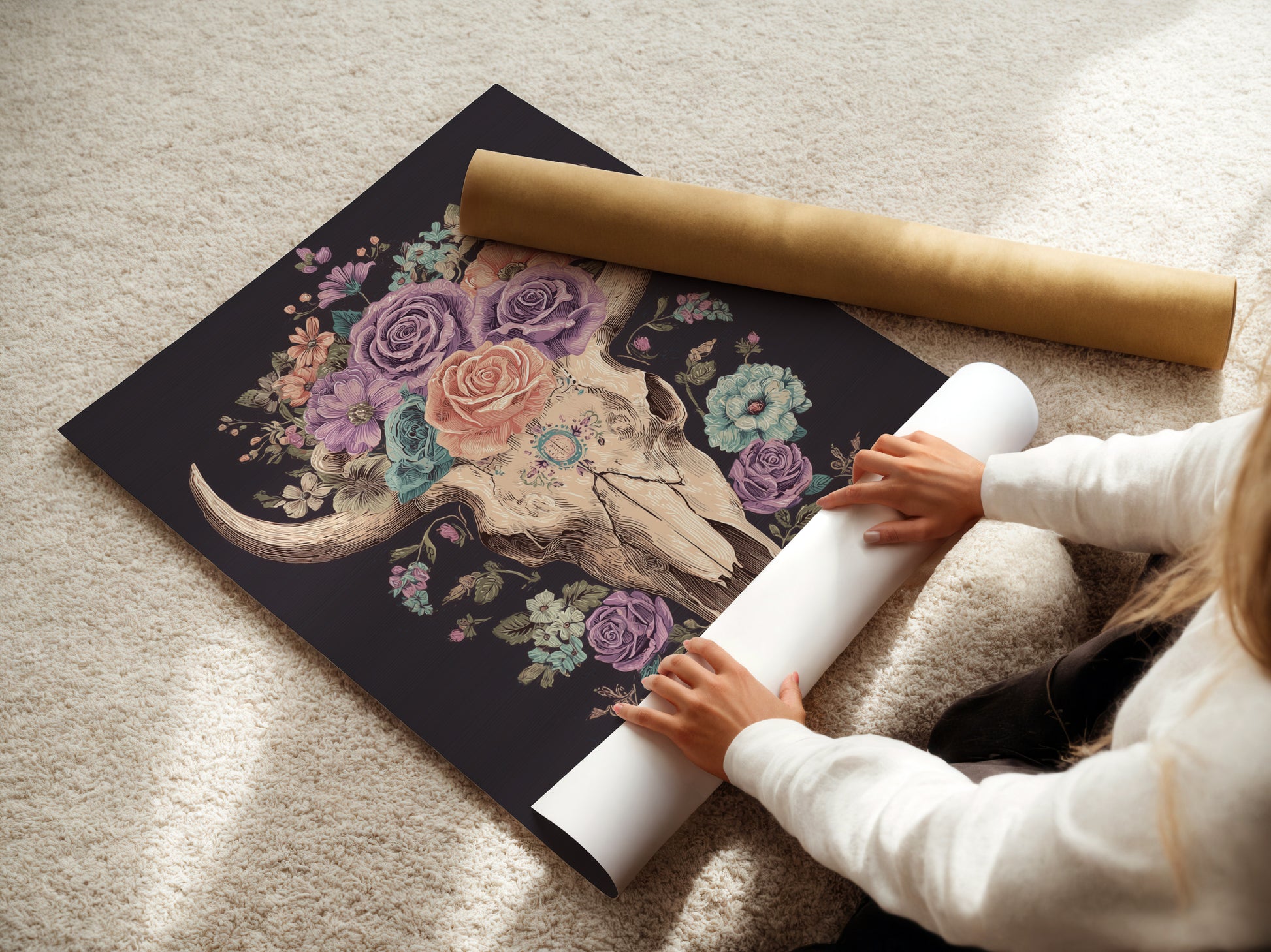 A woman rolling fine art poster paper. The high-quality paper ensures vibrant colors and sharp details. The paper is carefully rolled to prevent damage. Perfect for creating stunning art prints at home or professionally. The rolled paper is ready to be shipped.