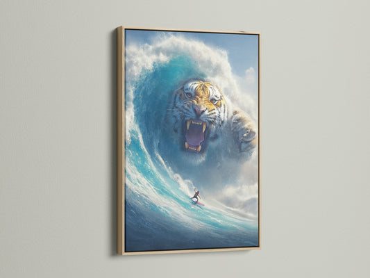 Surreal tiger wave art in an oak frame. A surfer catches a blue ocean wave. This is fantasy animal art. The mystical canvas art is perfect for any room. Bring a coastal tropical style to your decor.