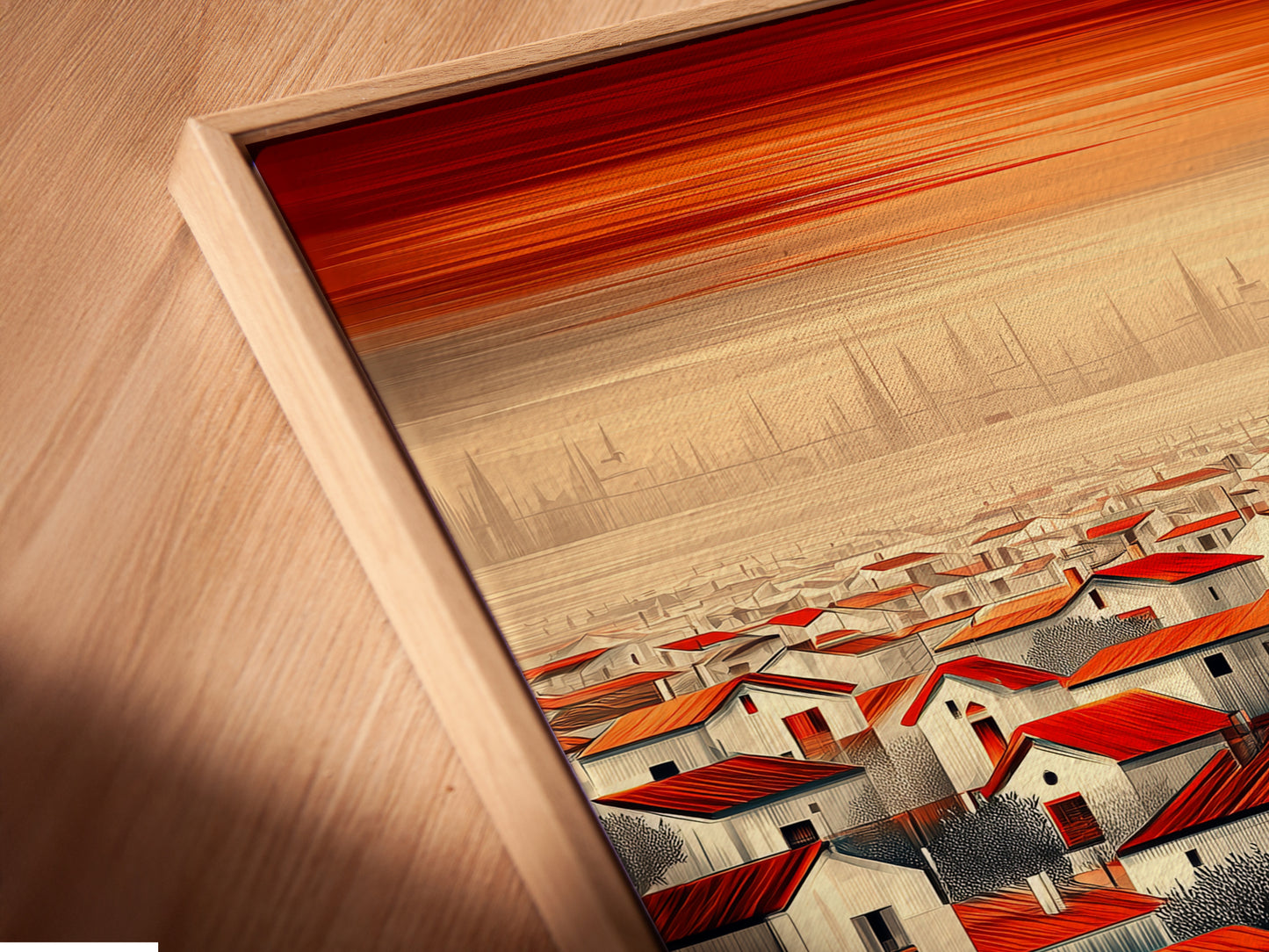 A close-up of the 'Red Roof Village' canvas print in a floating frame. This modern framing style gives the artwork a sophisticated look. The rustic landscape seems to float on the wall. Perfect for contemporary home decor.
