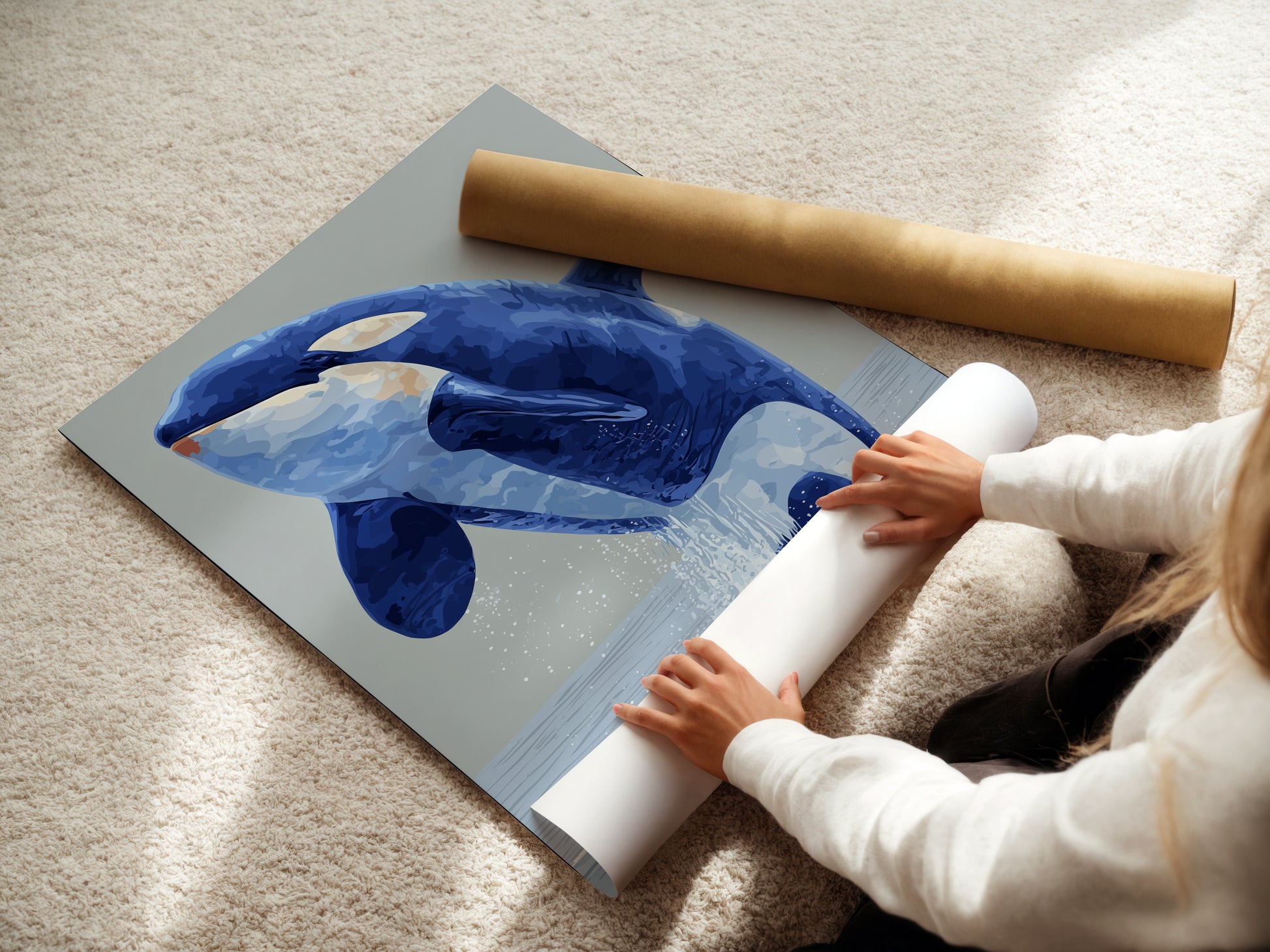 See the craftsmanship behind our fine art poster paper. A woman expertly rolls a print. Ensuring a perfect finish for your Orca Whale artwork. This high-quality paper enhances the beauty of our marine animal prints. Perfect for creating stunning coastal wall decor. Explore our collection and bring a touch of the ocean into your home.