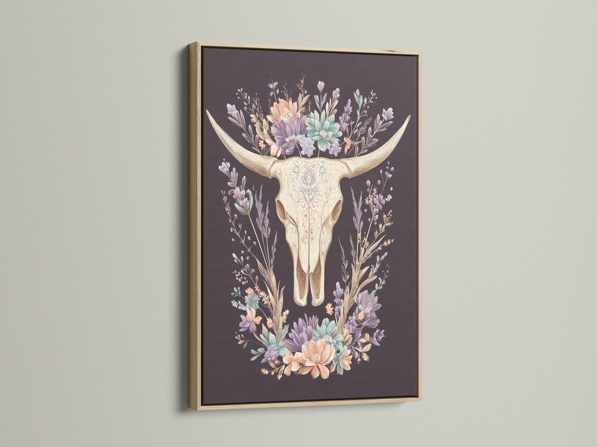 Artwork featuring a bovine skull with floral elements. It is encased in an oak frame. The oak frame enhances the artwork's rustic charm. Ideal for complementing a variety of interior styles. This frame option provides a natural aesthetic.