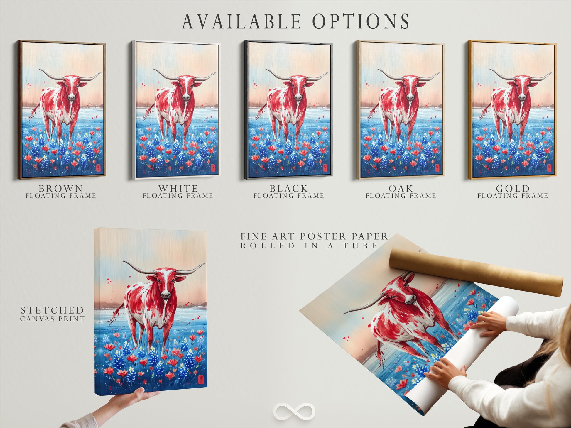 Available options for Texas Longhorn art including stretched canvas print fine art poster paper and floating frame. Choose the perfect format for your western wall decor. Enhance your farmhouse style with these versatile options.