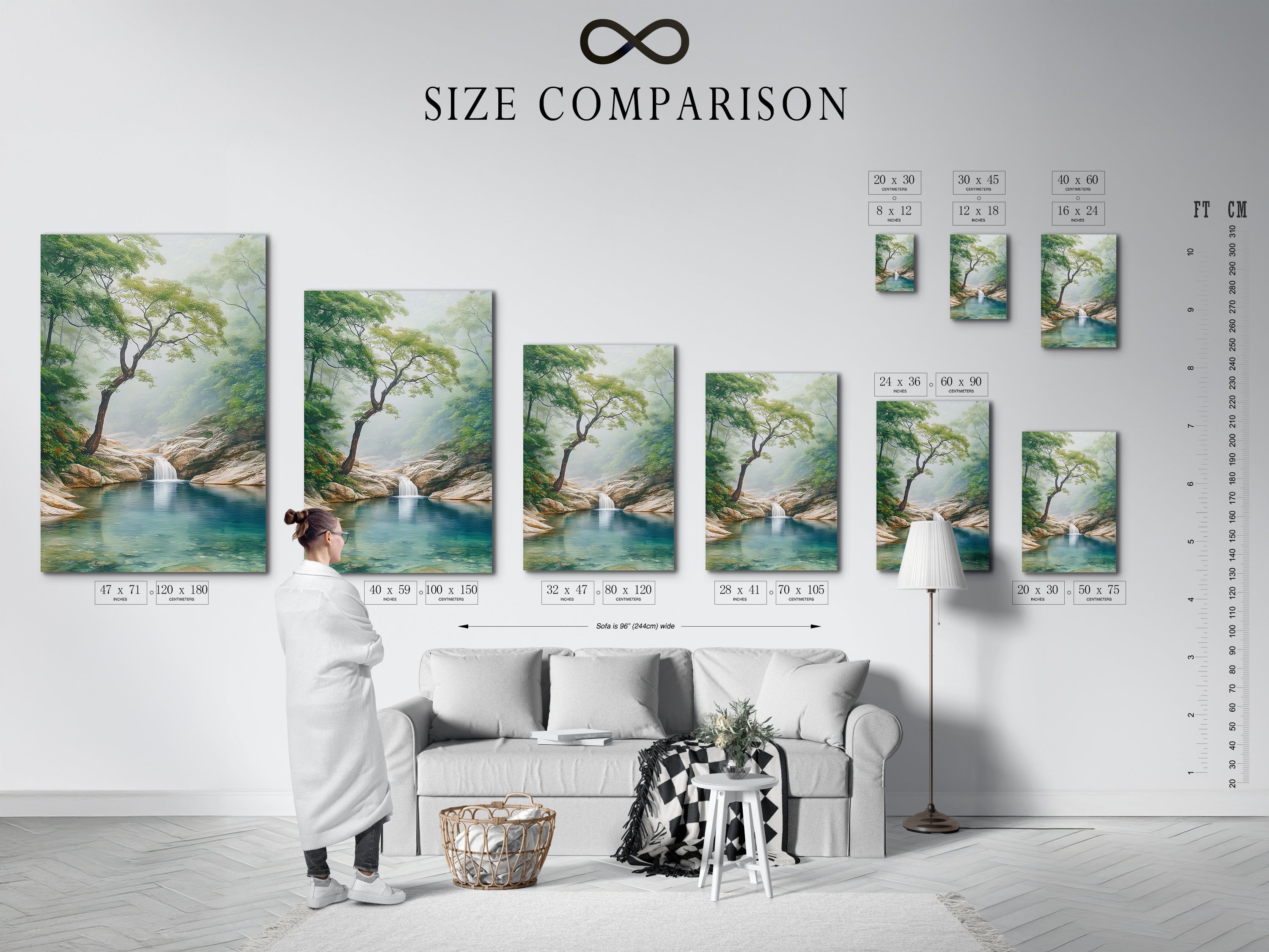 Size comparison chart in an interior setting. See how this waterfall canvas print fits into various spaces. Visualize the impact of this misty forest art in your home with the size comparison.