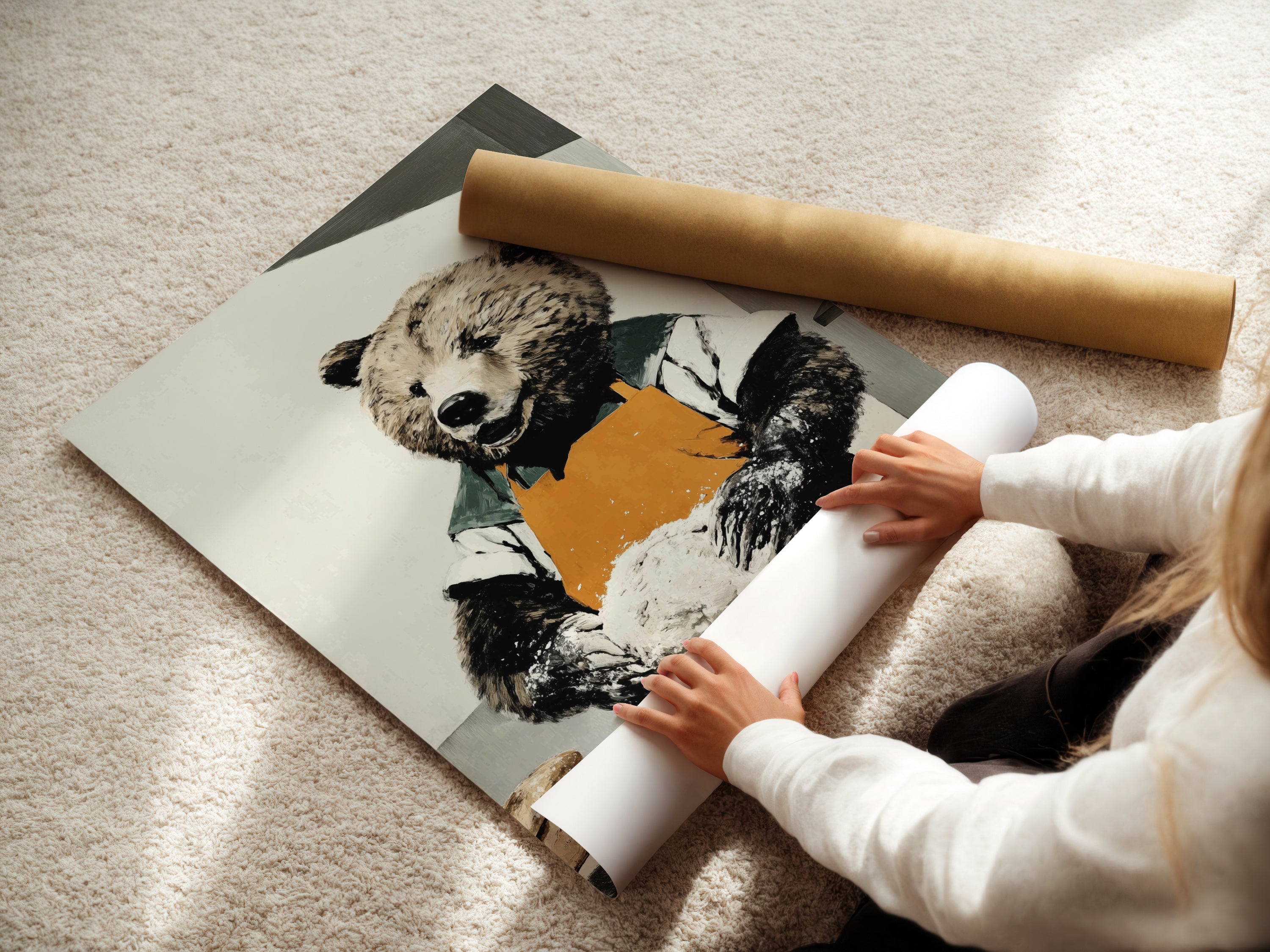 A woman carefully rolls a fine art poster paper. This highlights the quality and care. This ensures your bear baker artwork arrives in perfect condition. Our fine art poster paper enhances the colors and details. Order your animal art prints now.