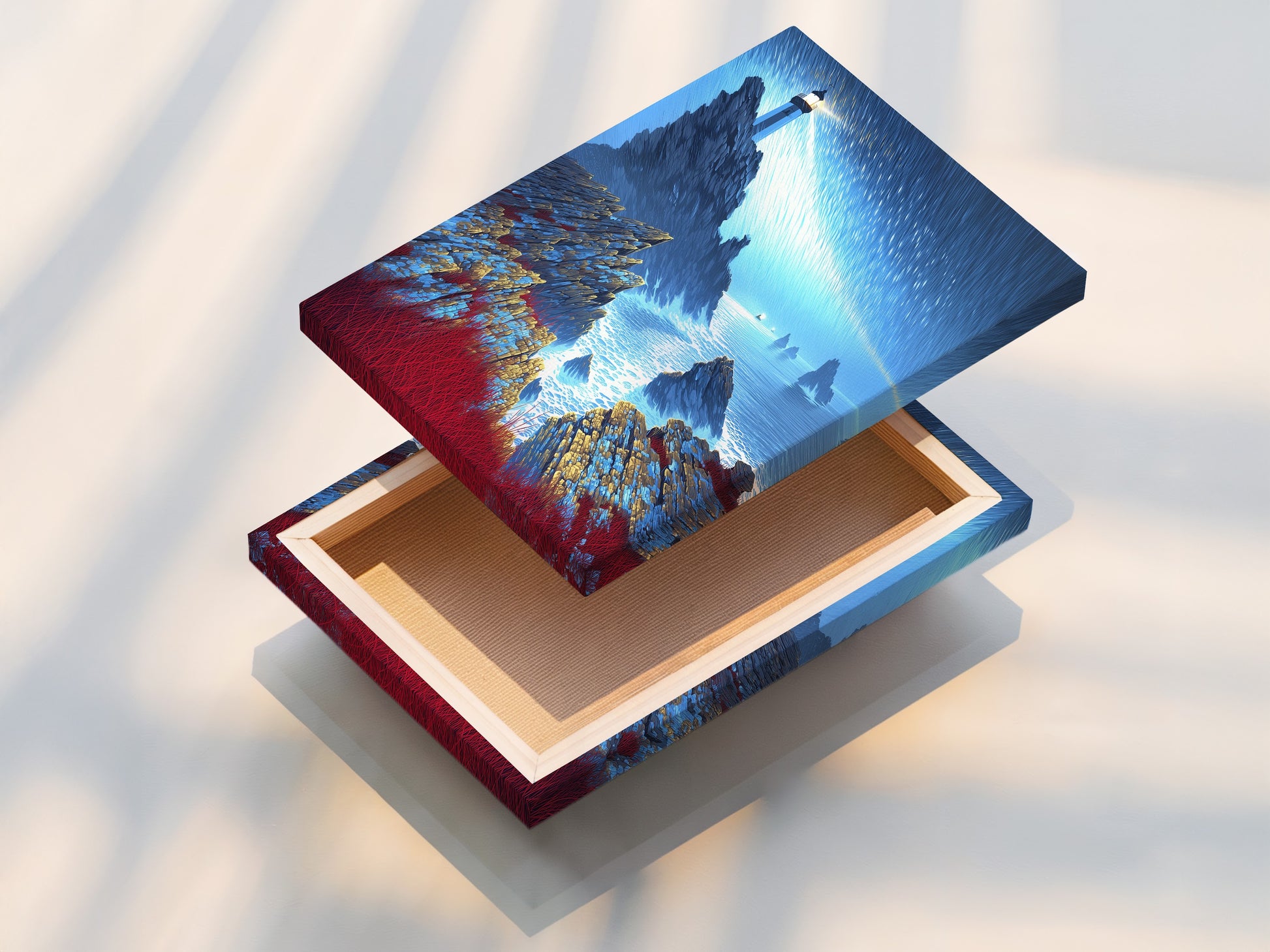 A stretched canvas print of a Lighthouse Seascape. This coastal wall art is ready to hang. The dramatic ocean artwork brings the sea to your home. Ideal for nautical decor and ocean lovers. This artwork captures a serene sea landscape. Enjoy the beauty of the coast