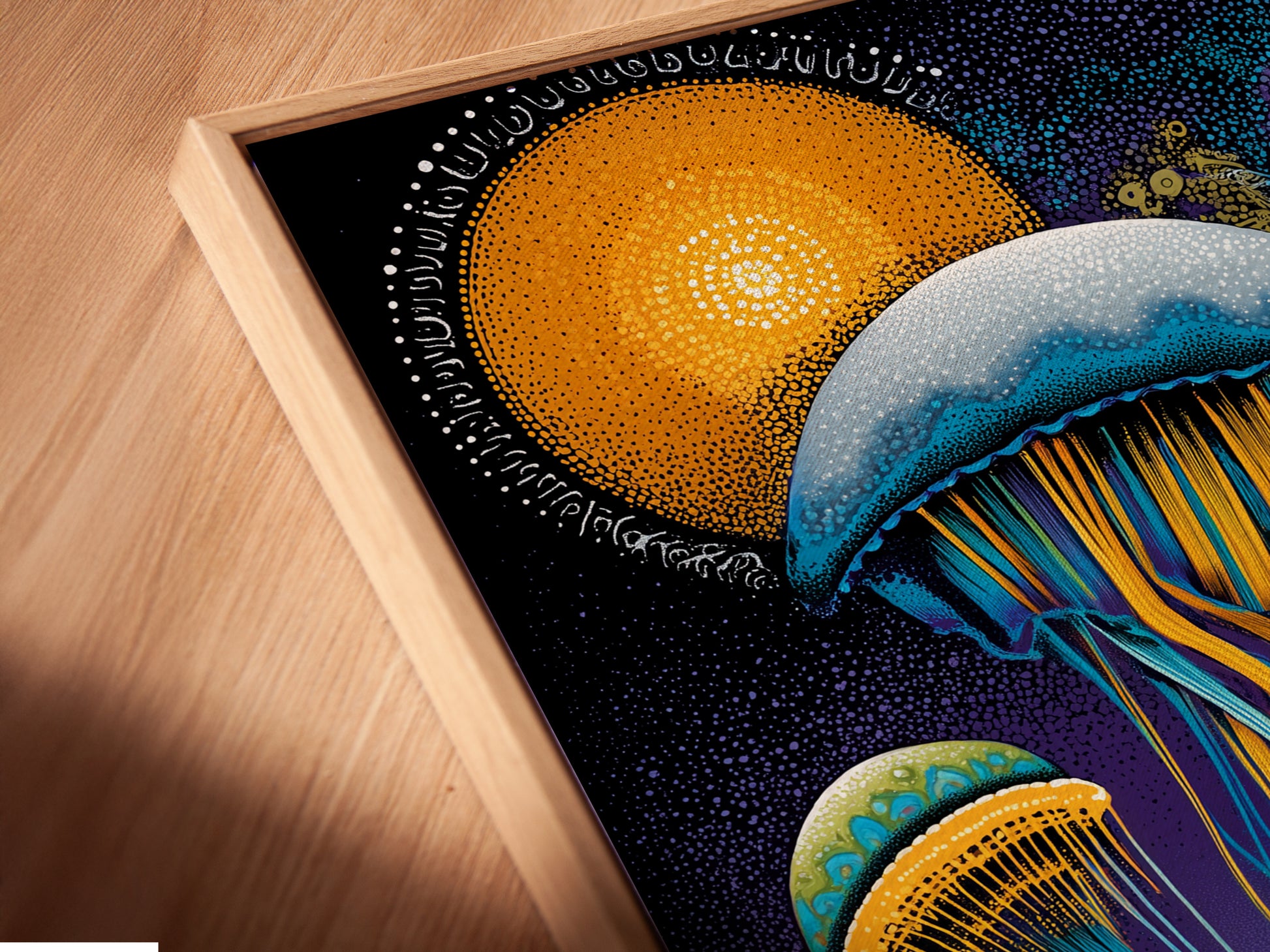 A close-up angle showcasing a canvas print in a floating frame. The jellyfish artwork appears to float on the wall. This surreal wall art adds depth and dimension to your space. Perfect for creating a modern and artistic focal point. The blue and gold colors enhance the visual appeal. This marine artwork is a unique wall decoration.