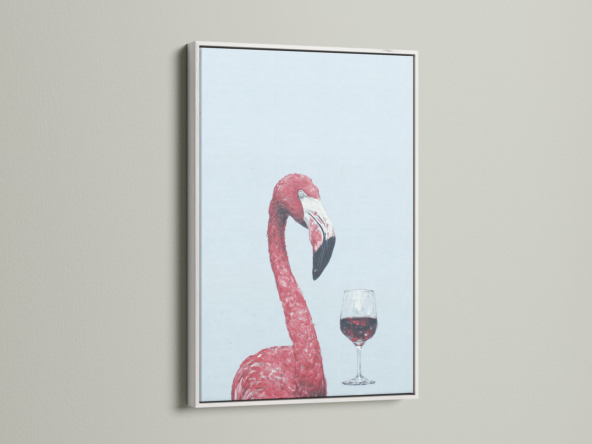 Framed in white this pink flamingo art print adds charm. This tropical bird canvas print is perfect for kitchen wall decor. Add a whimsical touch with this animal artwork.