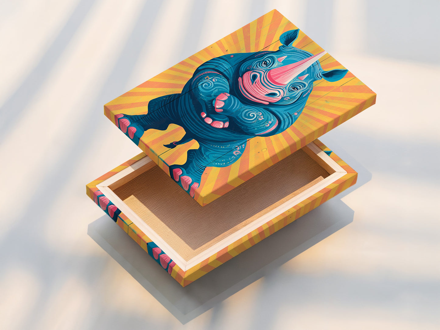 A stretched canvas print of the rhino artwork is displayed. The canvas texture enhances the artwork's visual appeal. Stretched canvas prints are ready to hang. Perfect for adding instant style to any space. Discover modern artwork options today.