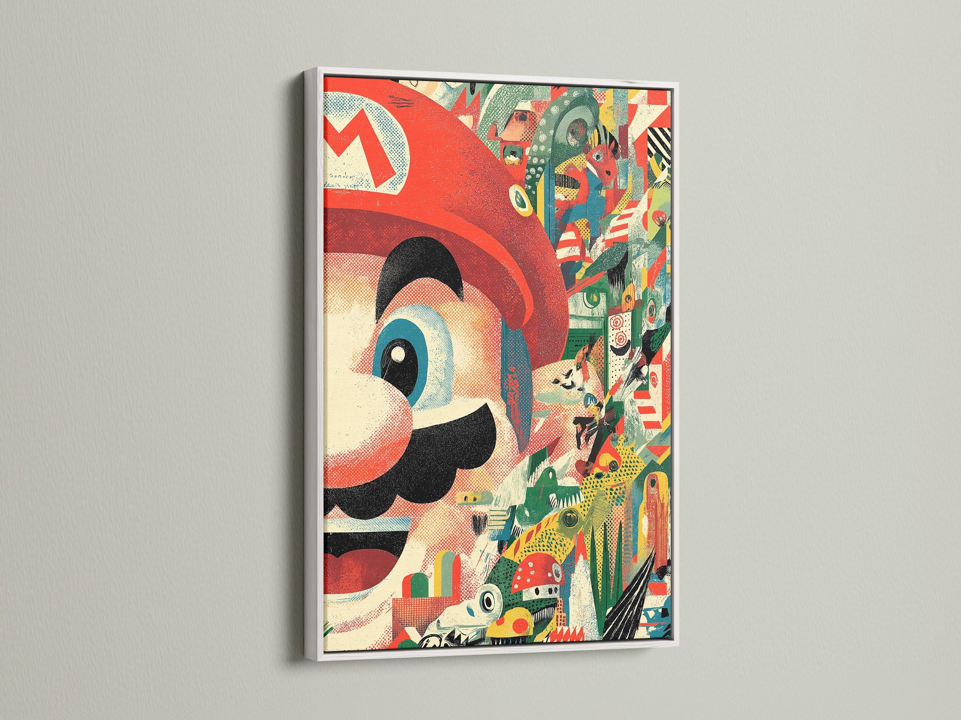 A white frame complements the vibrant colors of this Mario collage art print. This Nintendo canvas print creates a clean modern look. Ideal for adding a pop of retro gaming art to your wall. Enhance your game room decor today.