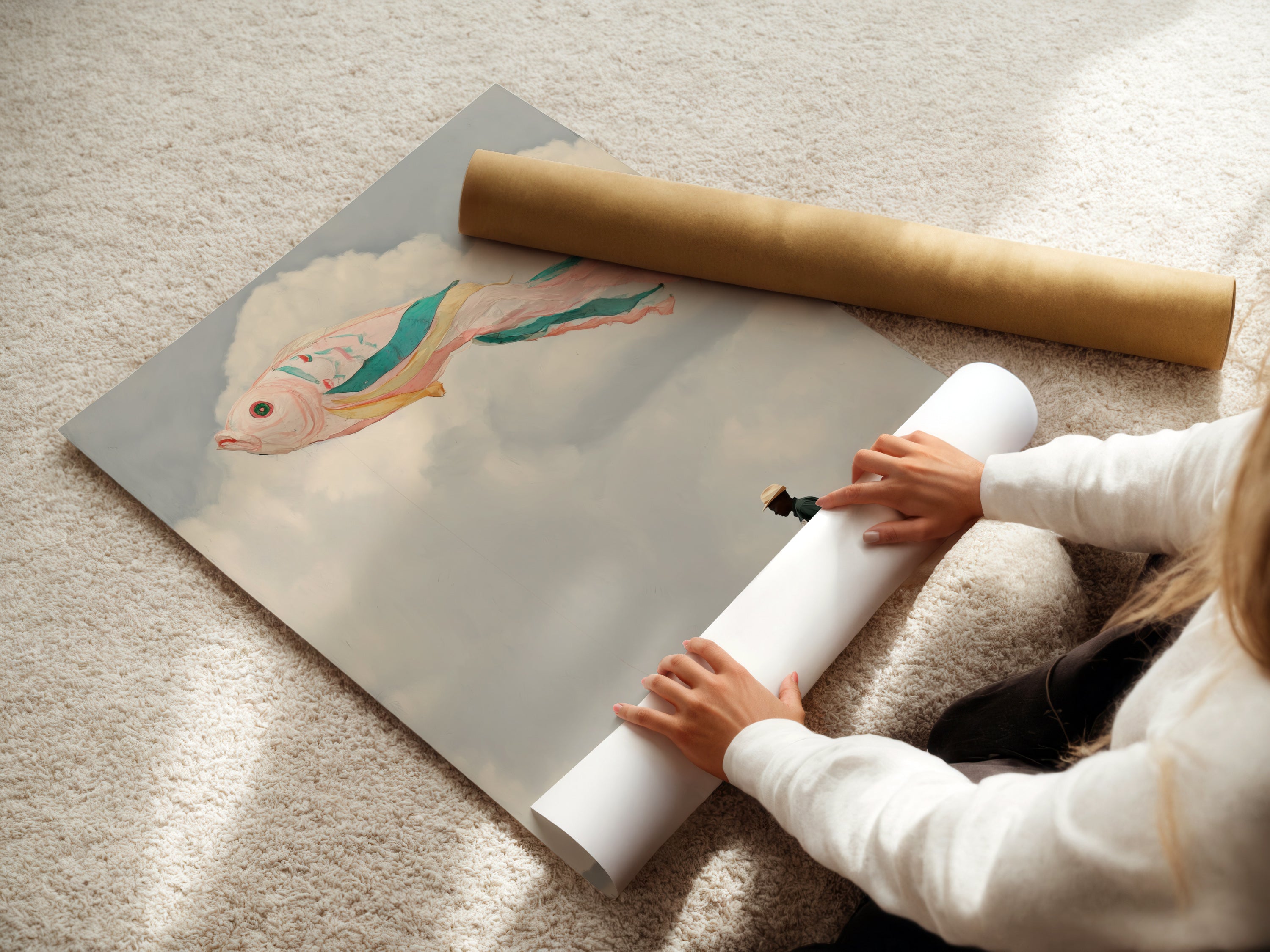 A woman rolls a fine art poster paper. The artwork features a surreal fish kite. The dreamy wall art is a whimsical print. Perfect for adding a unique touch to any room.