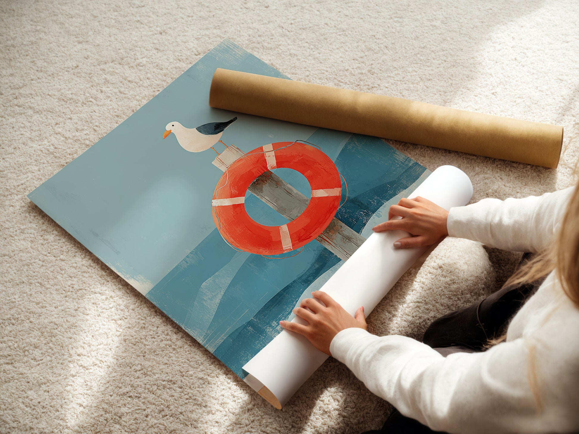 A woman is carefully rolling fine art poster paper. The high-quality paper ensures vibrant colors. This paper is ideal for art prints. Protect your art during shipping and storage.