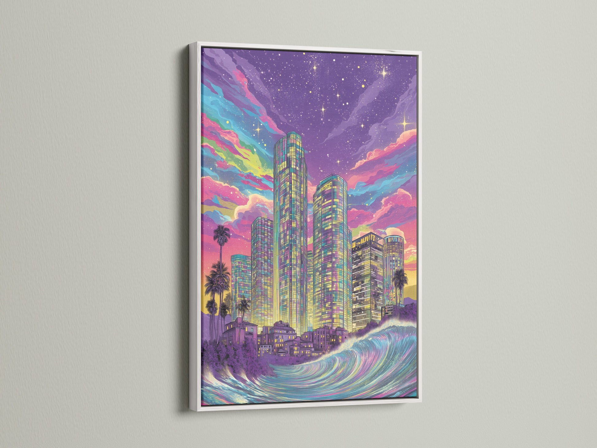 A white frame showcases our vibrant synthwave cityscape artwork. The neon wall art brings a pop of color. This retro futuristic piece is ideal for any room. Discover the beauty of the purple skyline. A great addition to any space.