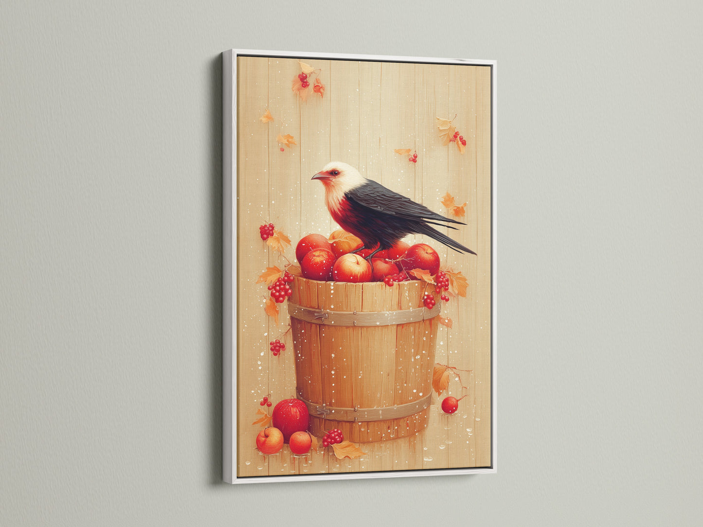 Bird and Apples canvas print with a white frame. The white frame offers a clean modern look. This piece is a rustic fall still life artwork. The artwork is great for kitchen decor. It provides a fresh and elegant touch to your space. The print displays a bird on a bucket of apples.