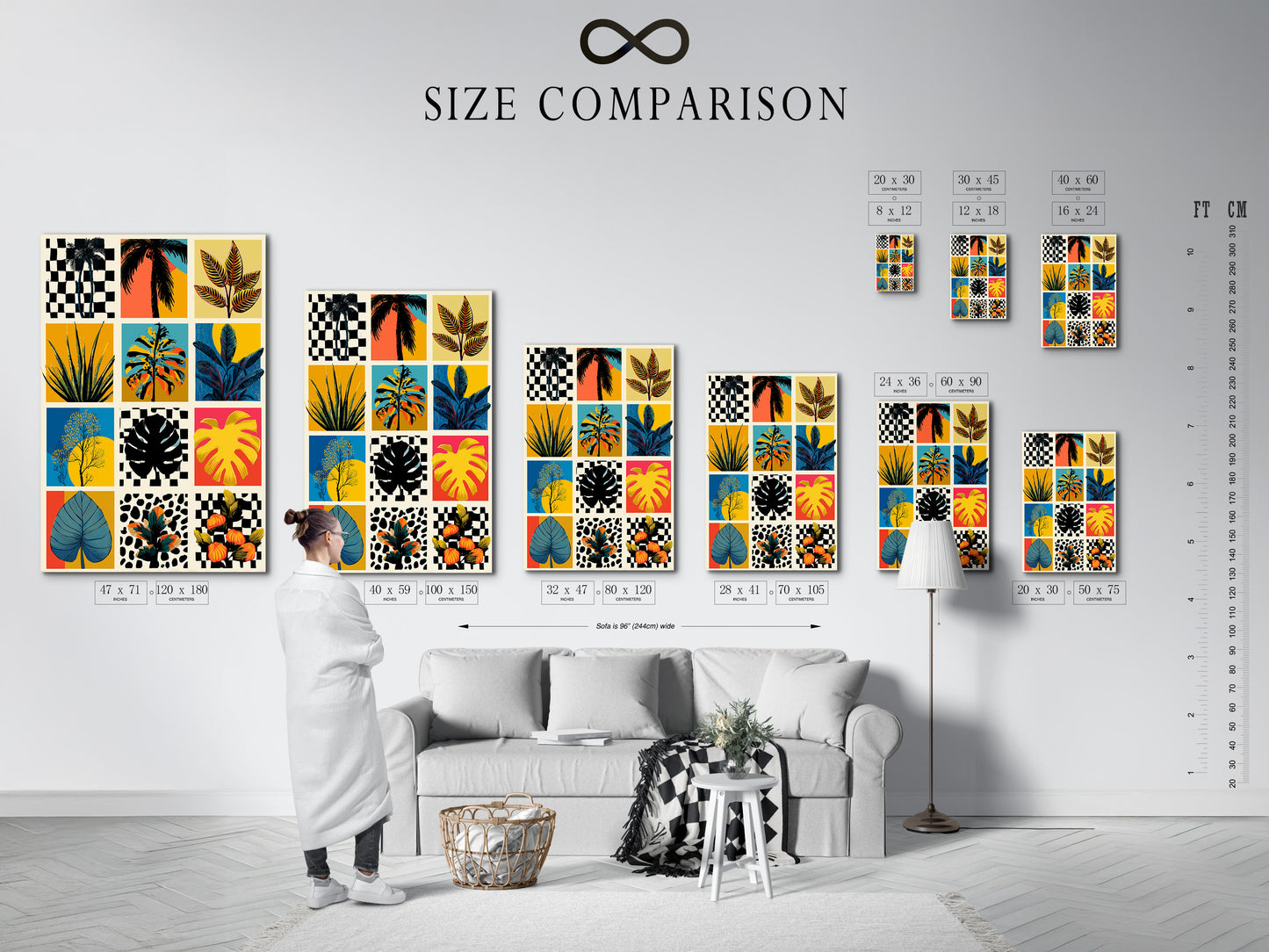 Size comparison chart in interior. See how different sizes of artwork fit in your space. This chart helps you visualize the perfect dimensions for your needs. Choose the ideal size to complement your decor. Make informed decisions with this helpful visual guide.