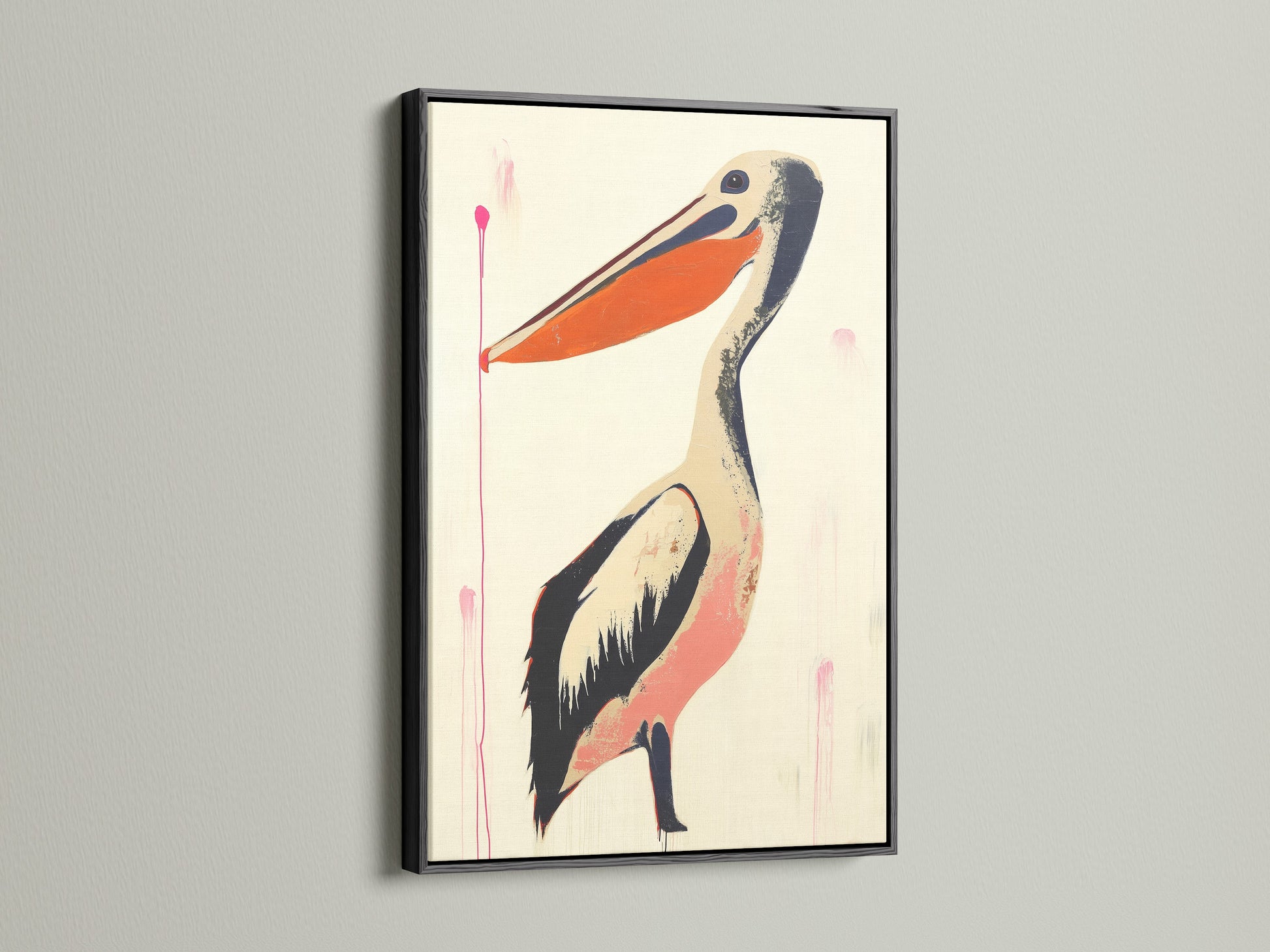 Pelican artwork is showcased in a black frame. The black frame offers a bold contrast. It makes the art pop. The artwork adds sophistication to your walls. A timeless choice for contemporary spaces. Order yours today.