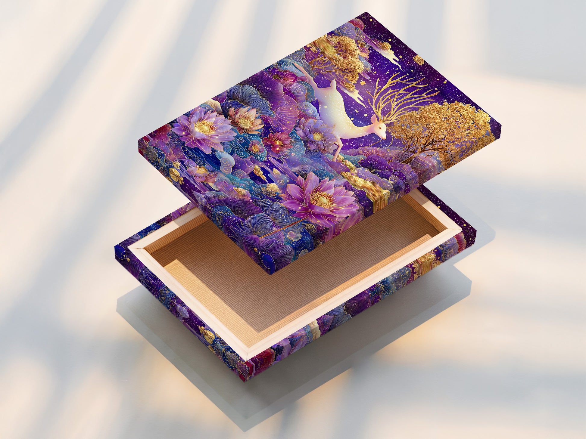 A stretched canvas print of the Mystical Deer artwork is featured. The canvas texture adds depth and richness to the colors. Ready to hang and enjoy in any room. Add a touch of magic to your walls with this art.