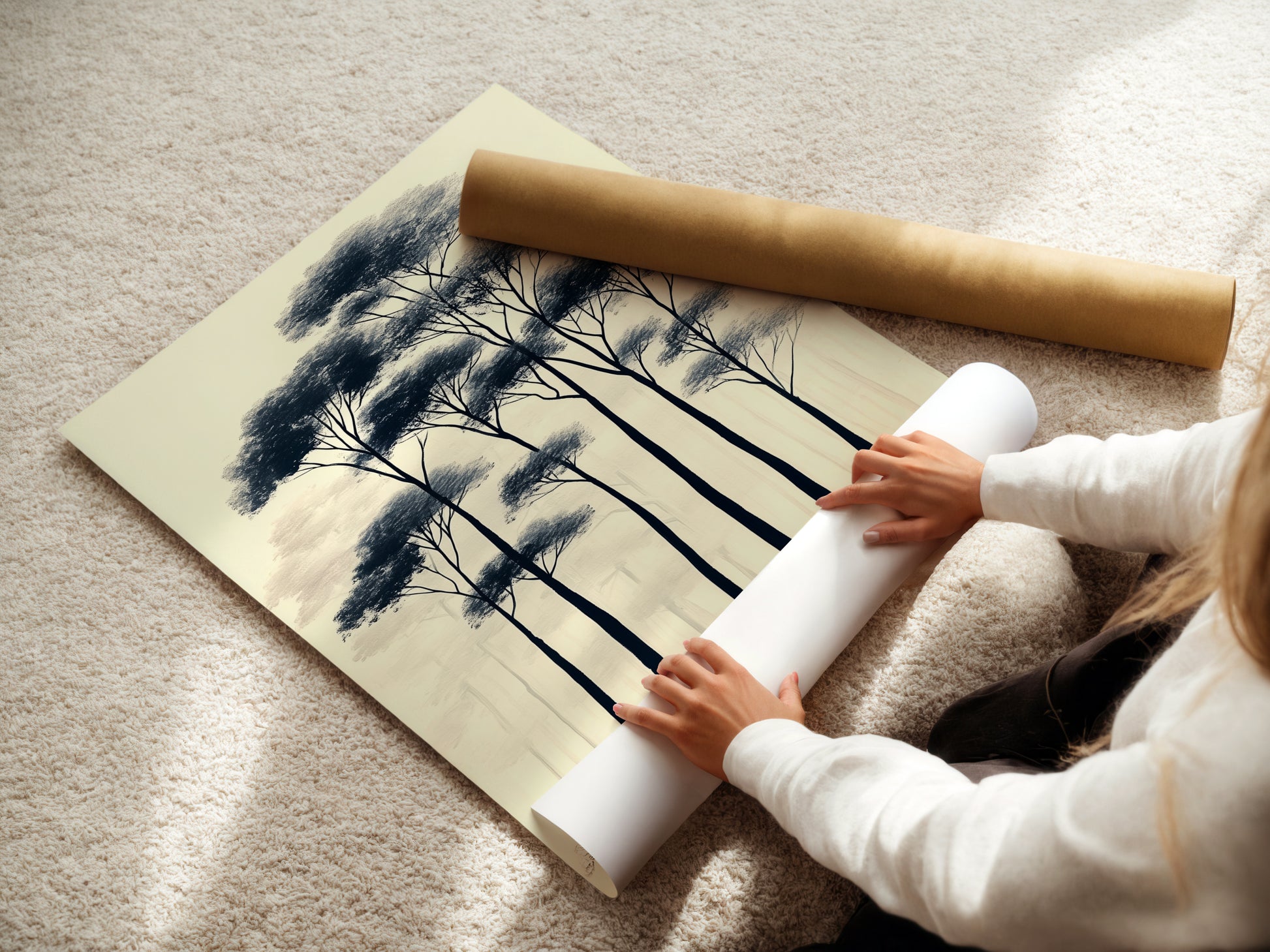 A woman expertly rolls a fine art poster paper. The paper is high-quality. Ensuring a perfect print every time. Ideal for creating forest trees artwork and minimalist prints. Experience the beauty and quality of our fine art posters. Perfect for nature-inspired decor.