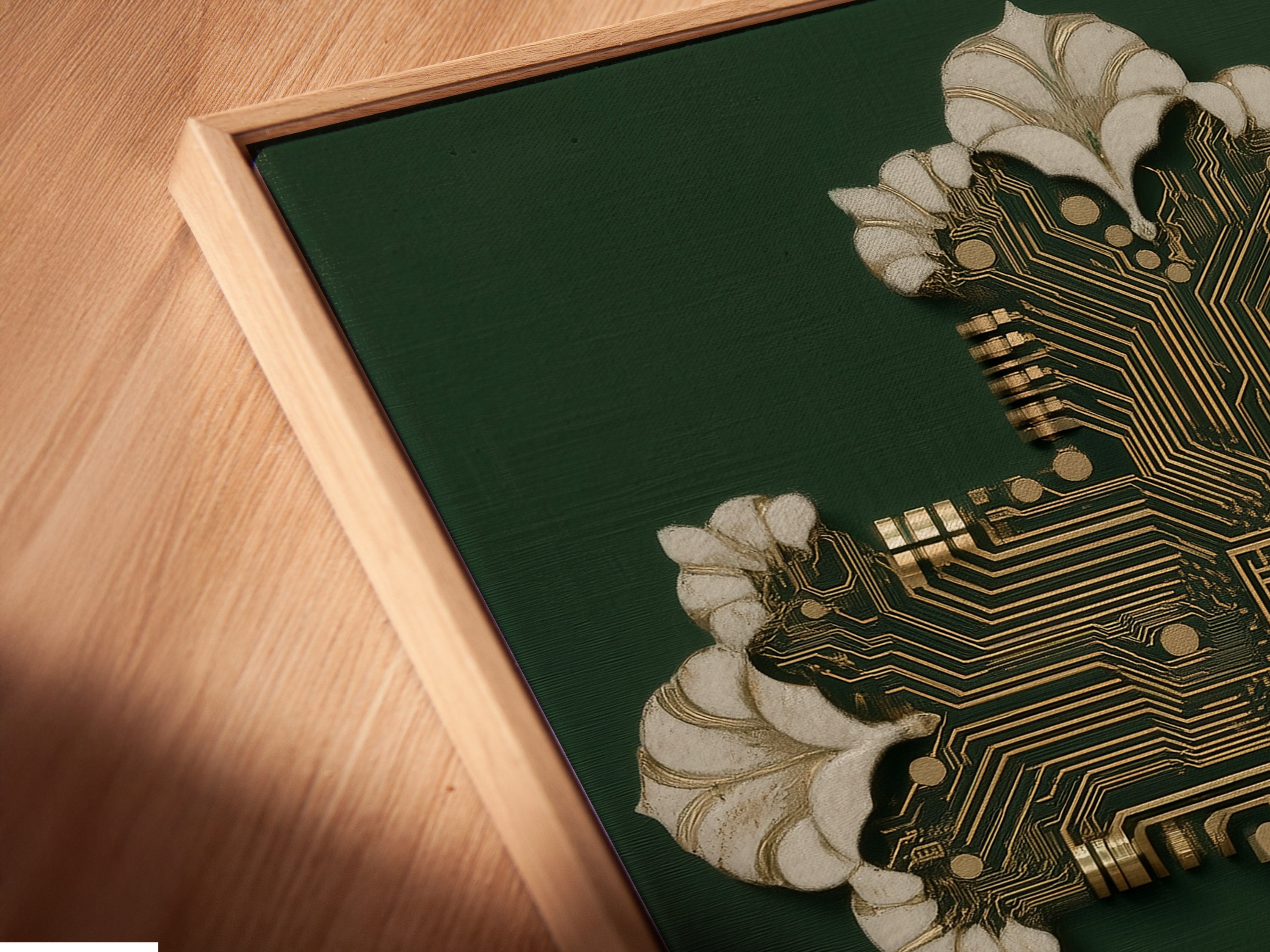 A close-up of the Circuit Board Cross Art in a floating frame. The canvas print appears to float adding a modern touch. Perfect for tech religious art enthusiasts. The floating frame enhances the tech home decor.