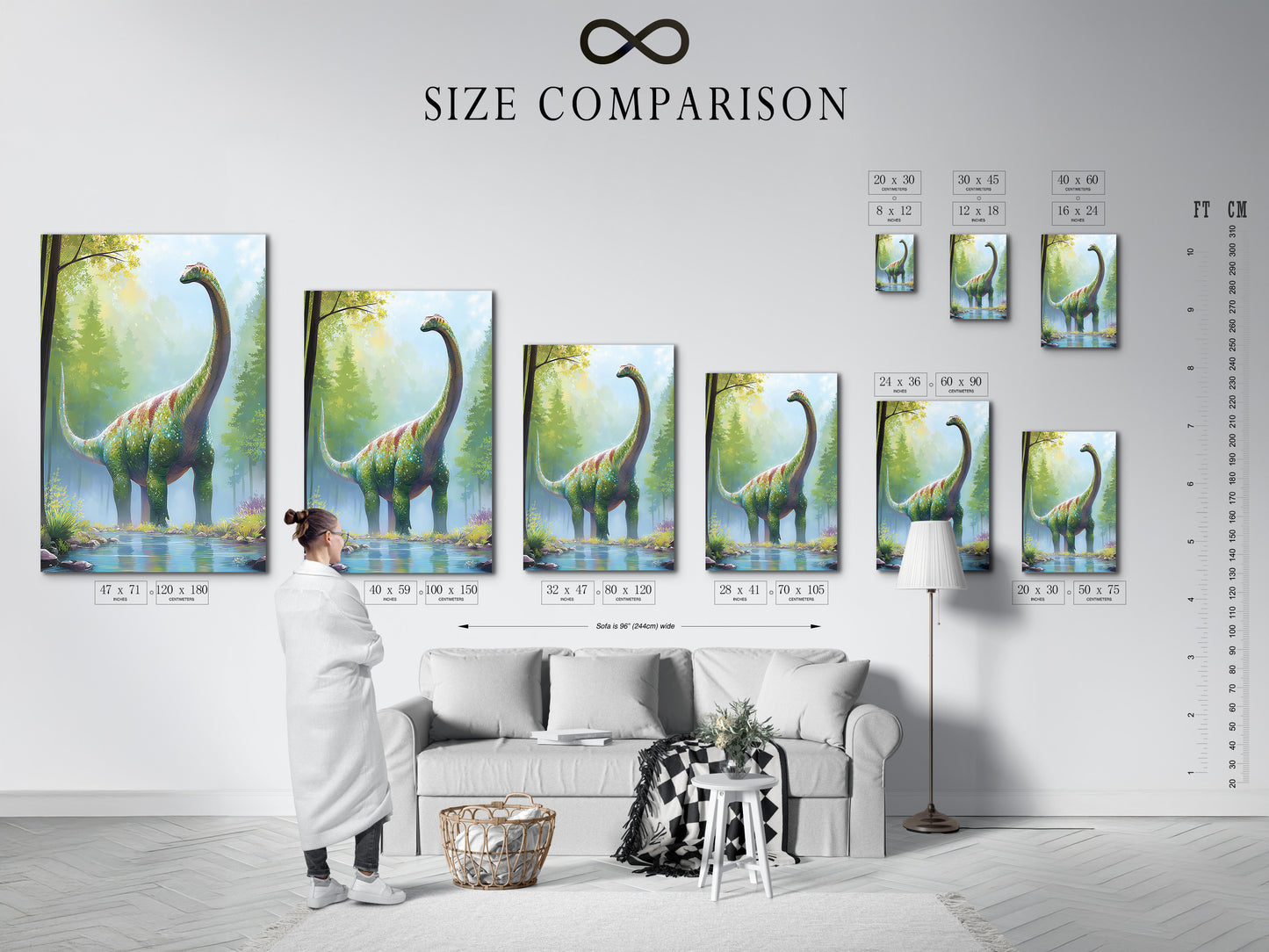 A size comparison chart displayed in an interior. Use the chart to visualize artwork dimensions. It helps you choose the perfect size for your space. Plan your art arrangement effectively now