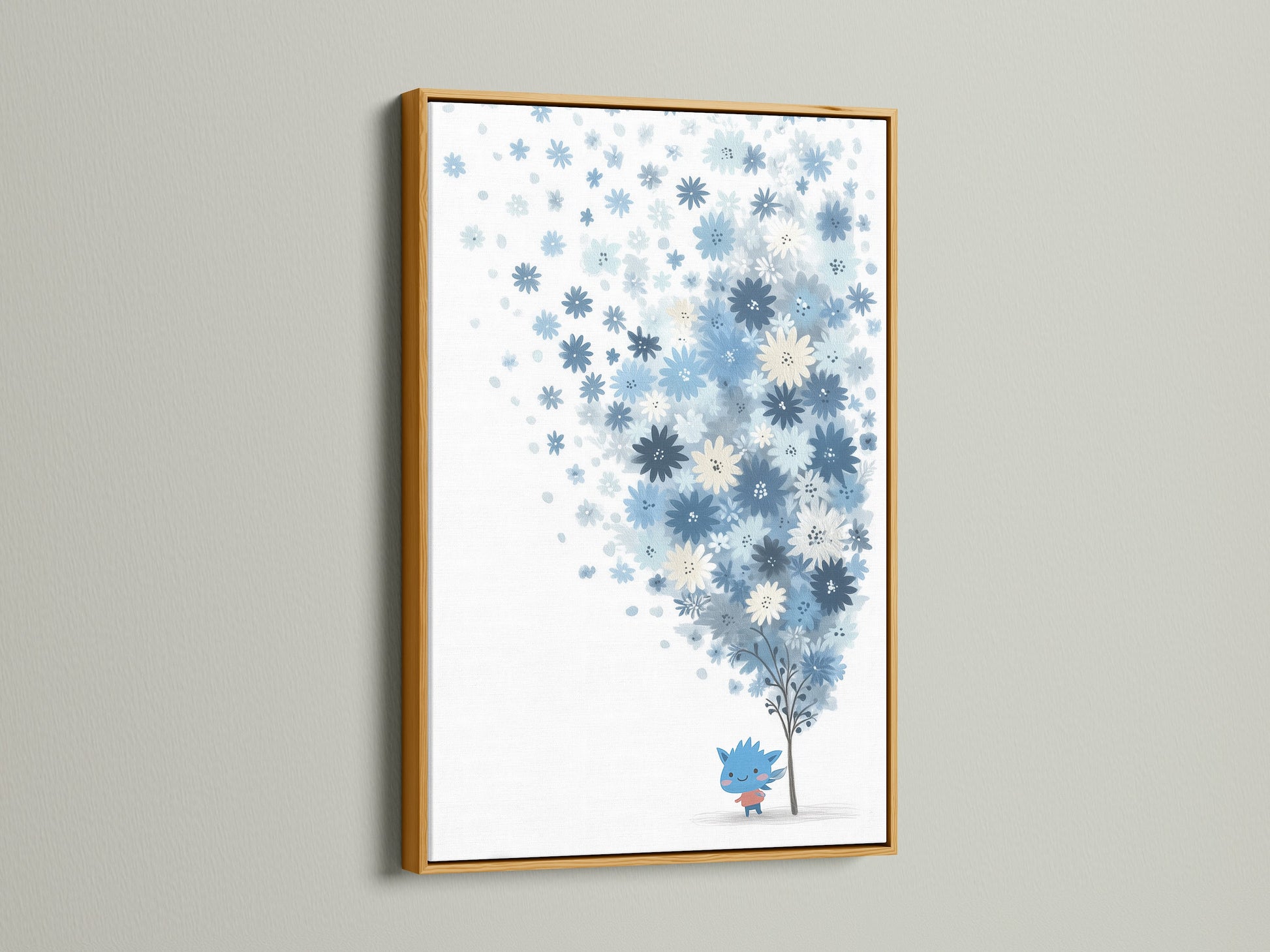 The blue floral canvas print is presented in a luxurious gold frame. The gold enhances the pastel botanical art's charm. This whimsical flower tree art is perfect for nursery decor. It adds a touch of sophistication to a baby room.