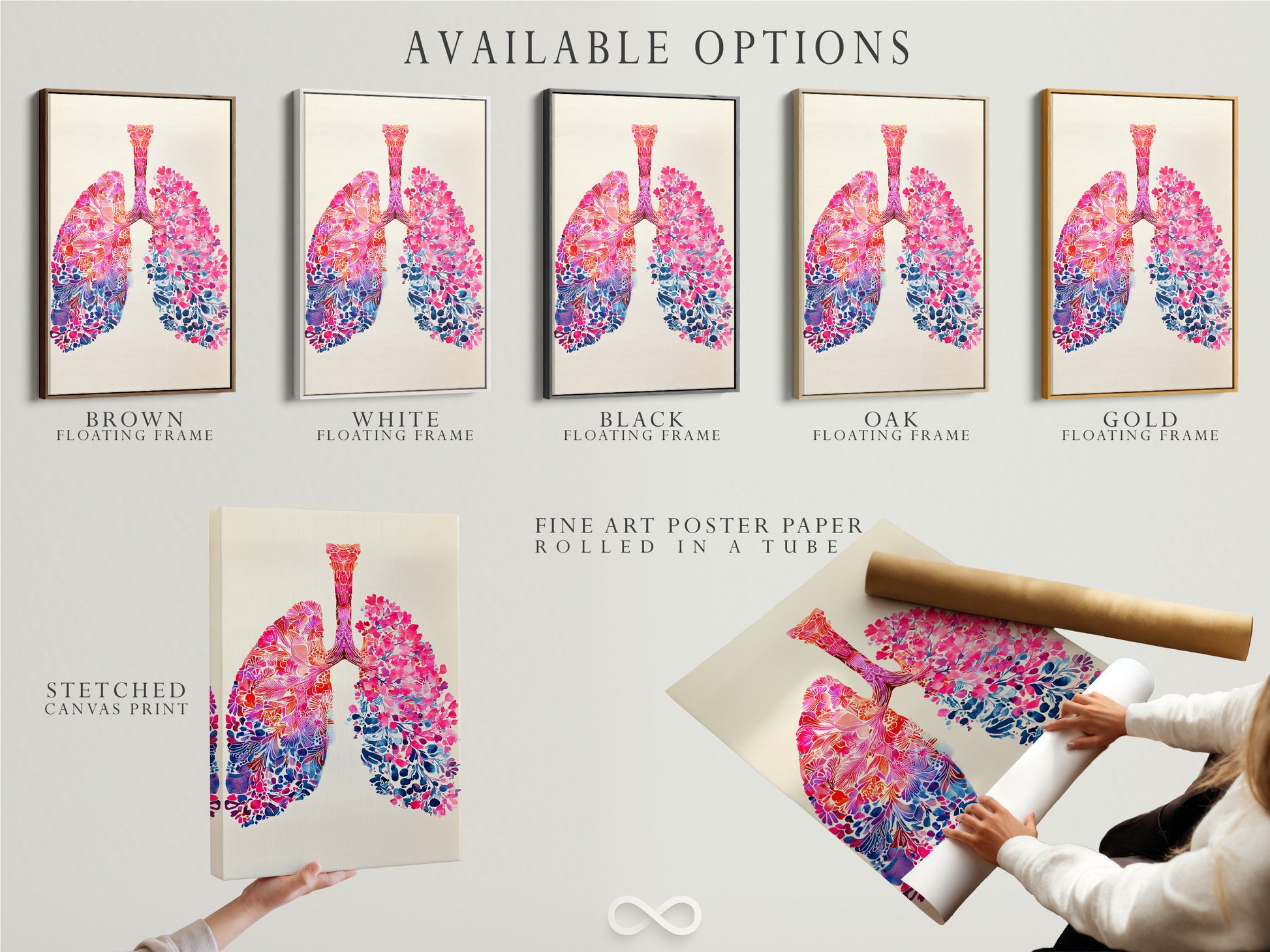 Explore the available options for lung artwork. Choose from a stretched canvas print. Opt for fine art poster paper or a floating frame. Find the perfect match for your artwork and style.