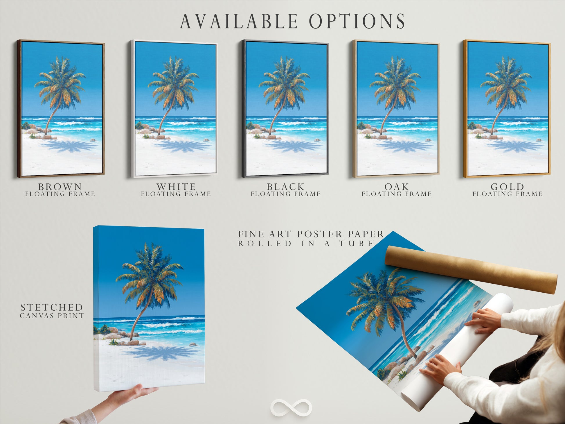 Explore the available options for this stunning tropical artwork. Choose from a stretched canvas print fine art poster paper or a floating frame. Customize your piece to perfectly match your style. Bring the beauty of a coastal paradise into your home with this versatile artwork