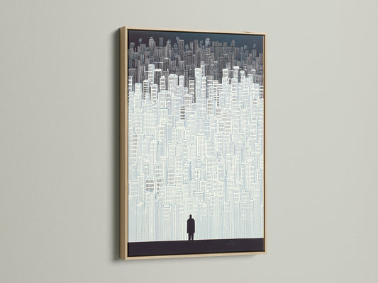 A captivating cityscape artwork is presented in an oak frame. The frame enhances the artwork's minimalist appeal. Ideal for modern homes and offices. This building print brings an urban touch. A perfect addition to any contemporary space.