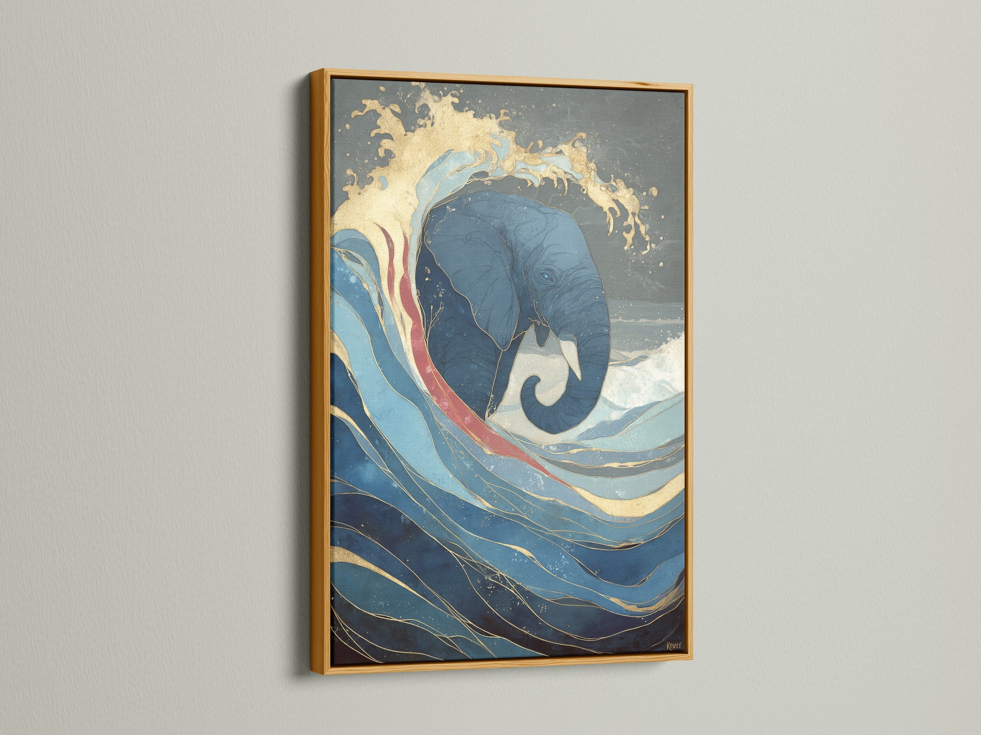 An eye-catching blue and gold elephant artwork in a gold frame. This asian inspired art would add a tropical feel to your living room bedroom or office. A great choice for spas and retreats. Consider this ocean wave print today.