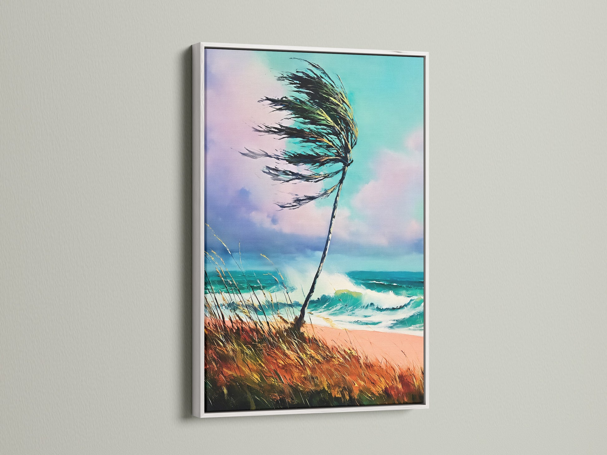 Coastal beach artwork with a white frame. The artwork depicts a palm tree and a turquoise seascape. This fine art print adds a fresh coastal vibe to your home. Perfect for living rooms bedrooms and vacation homes.