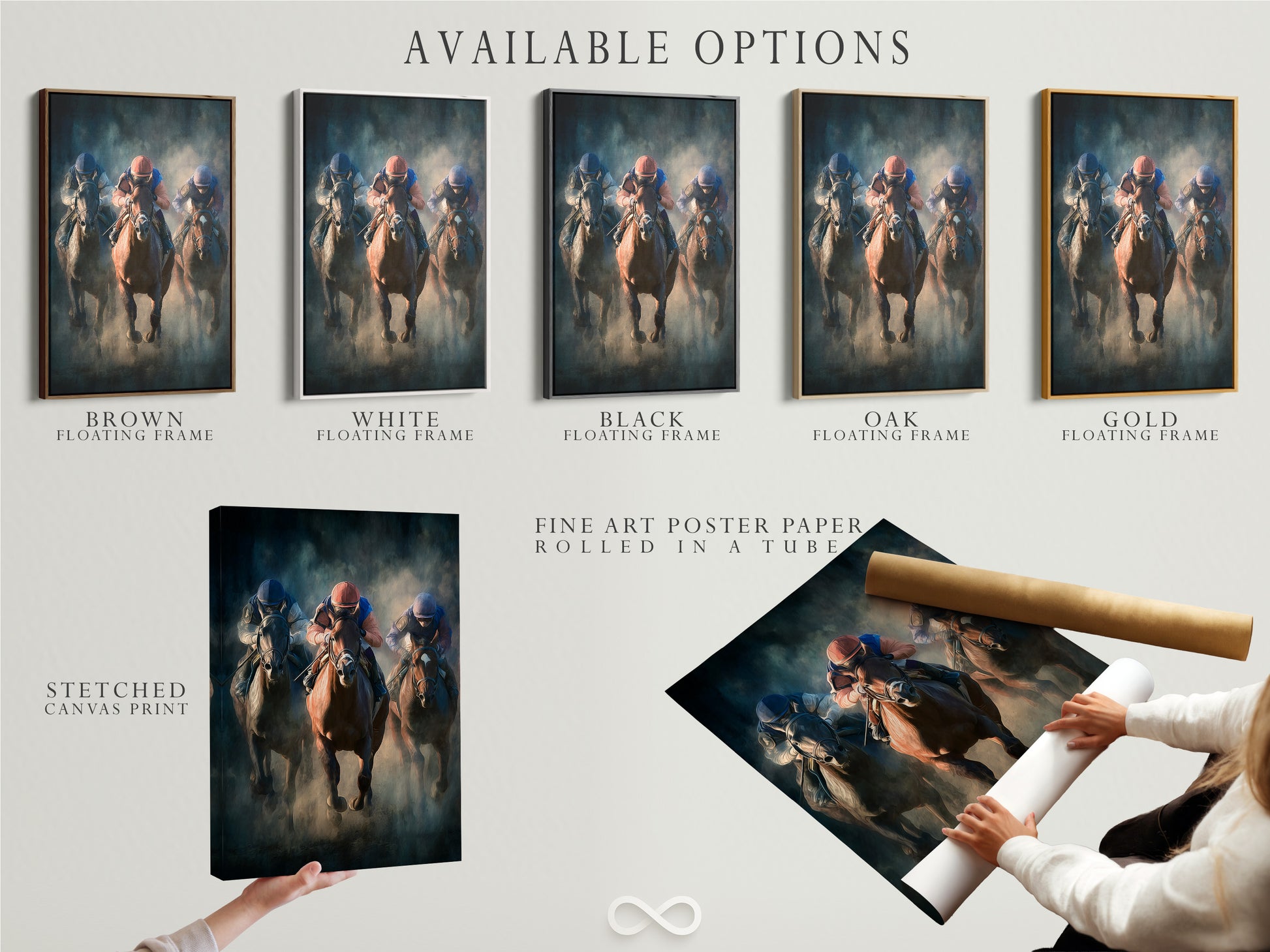 Available options for artwork. Options include a stretched canvas print a fine art poster paper and a floating frame. Each option offers a unique way to display artwork. Choose the option that best suits your style and needs. Enhance your space with the perfect artwork.