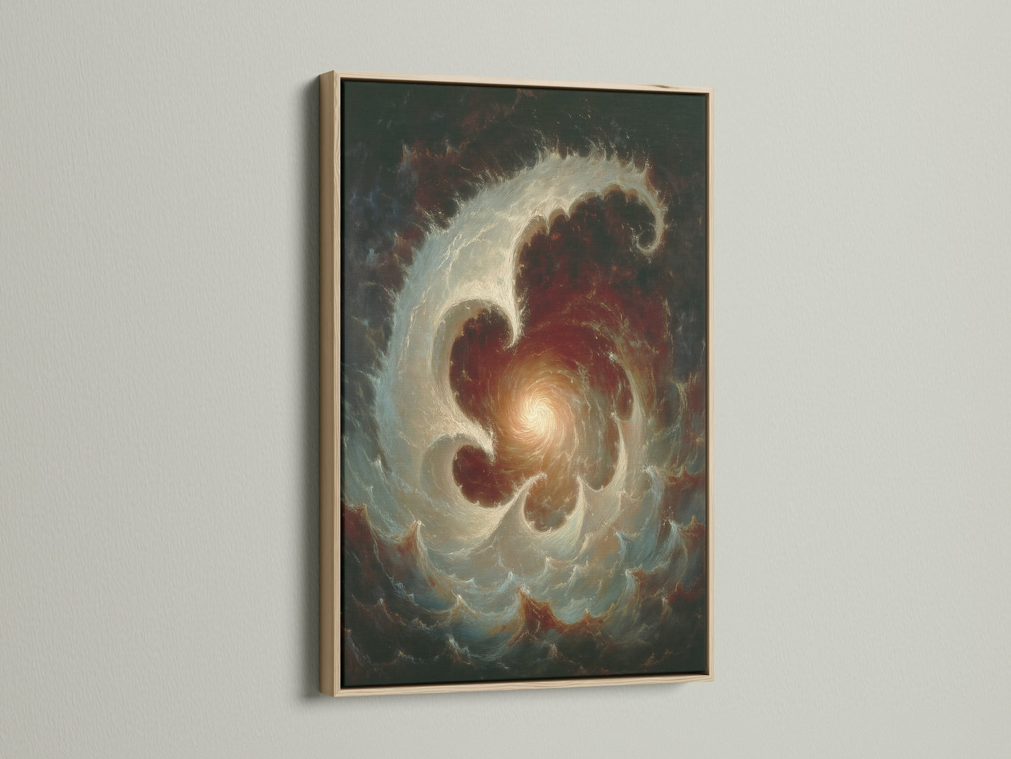 Celestial Vortex abstract galaxy wall art is displayed in an oak frame. The vortex print is perfect for library wall art. This cosmic artwork is ideal for scholars. It adds academic charm to living spaces.