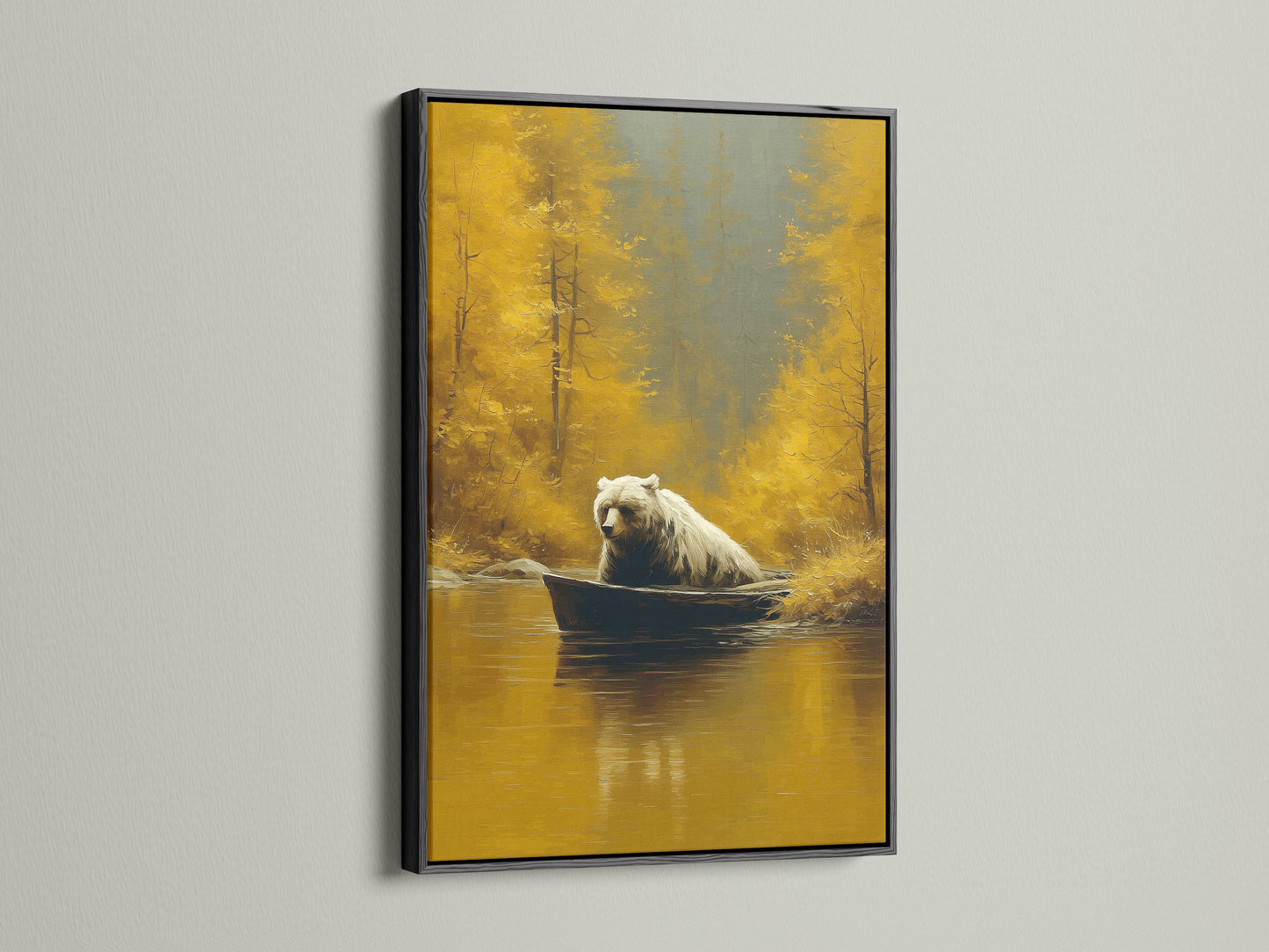 Make a statement with this framed wildlife art in black. A bear sits in a boat in an autumn landscape. The black frame adds a bold and sophisticated touch. Suitable for lodges studies or modern interiors. This artwork is a striking gift for him. Transform your space with this captivating piece.