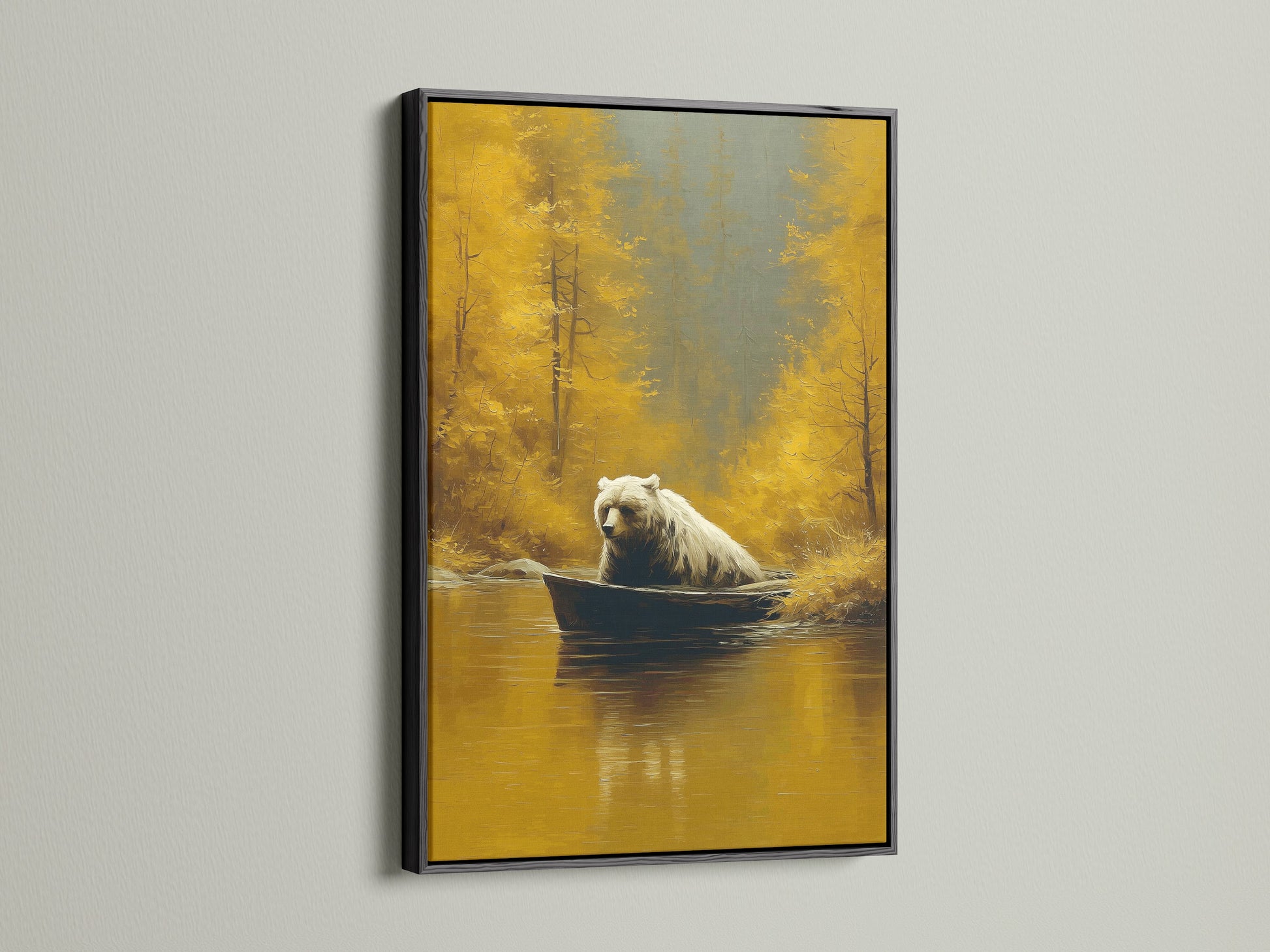 Make a statement with this framed wildlife art in black. A bear sits in a boat in an autumn landscape. The black frame adds a bold and sophisticated touch. Suitable for lodges studies or modern interiors. This artwork is a striking gift for him. Transform your space with this captivating piece.