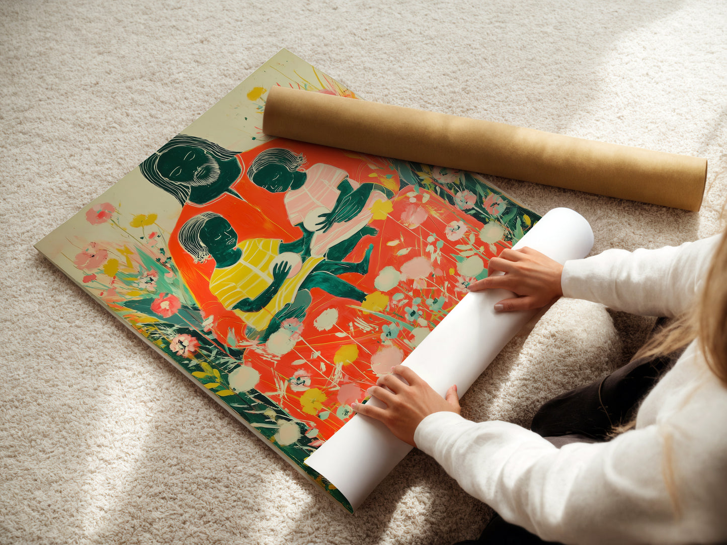 A woman carefully rolling a fine art poster paper. The high-quality paper ensures vibrant colors. This process protects the artwork during shipping. Fine art posters add sophistication to any room. Order your fine art poster today and elevate your space.