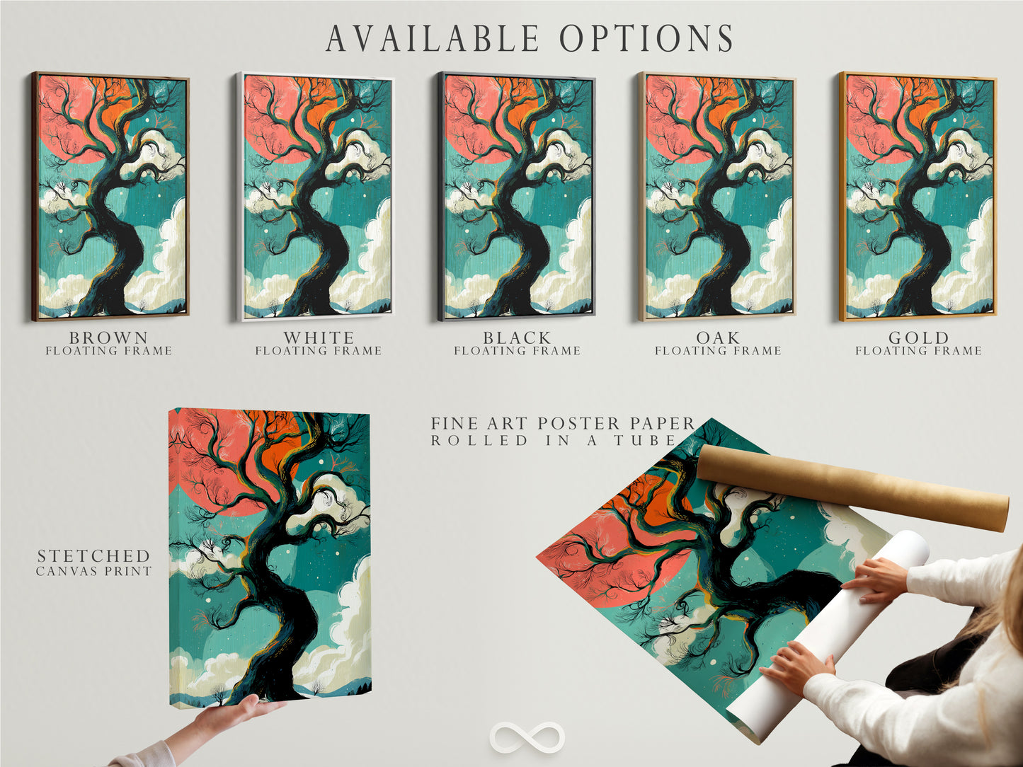Explore available options for our winter tree artwork: stretched canvas print fine art poster paper and floating frame. The teal and coral sky create a beautiful fantasy landscape. Find the perfect bedroom wall decor today.