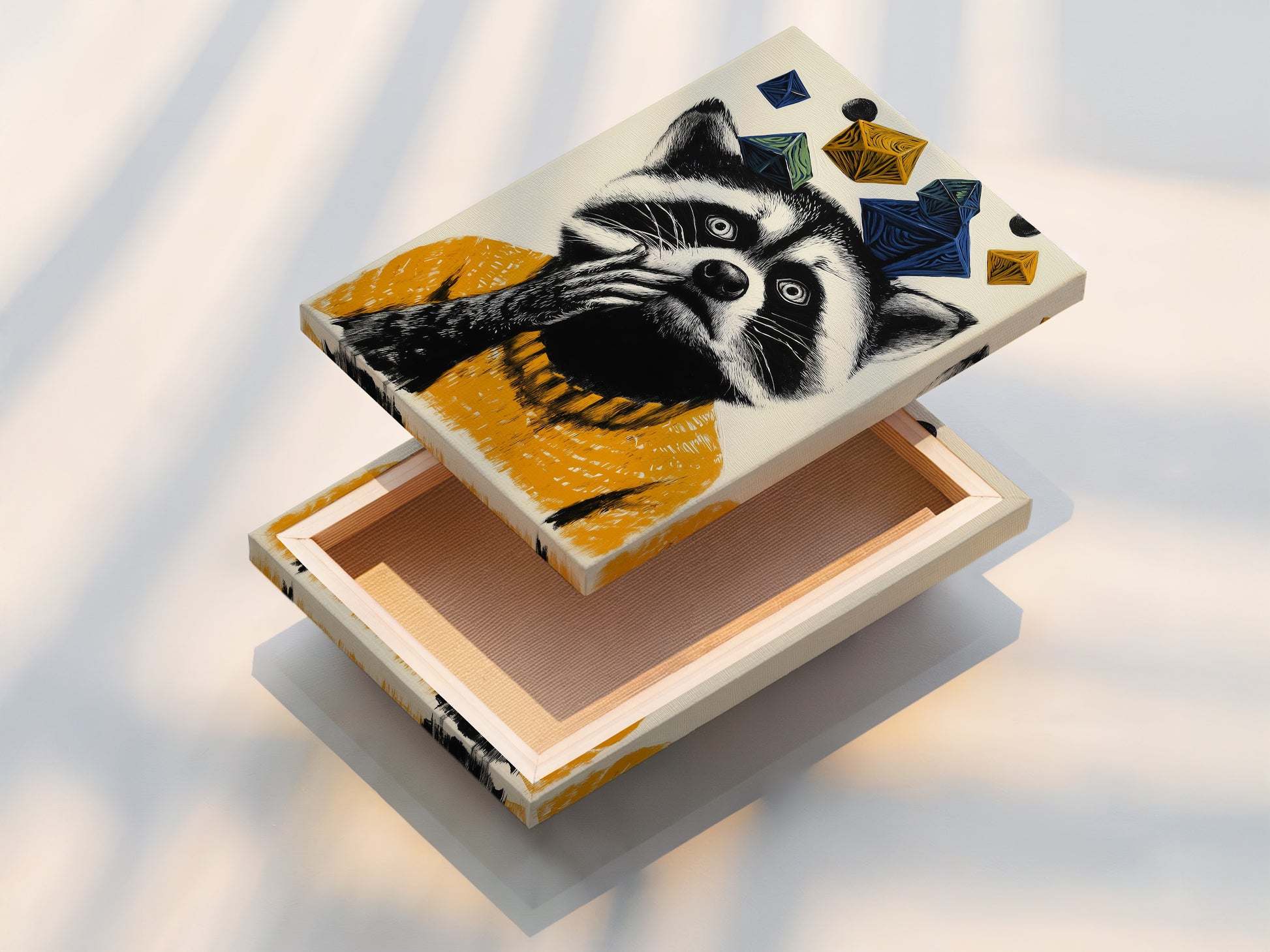 A stretched canvas print of a raccoon artwork is displayed. The whimsical animal wall art is perfect for kids room decor. The raccoon in a mustard yellow sweater adds a playful touch. Geometric shapes create a modern aesthetic. This animal canvas print is ready to hang and enjoy in any space. Bring woodland creatures to your walls.