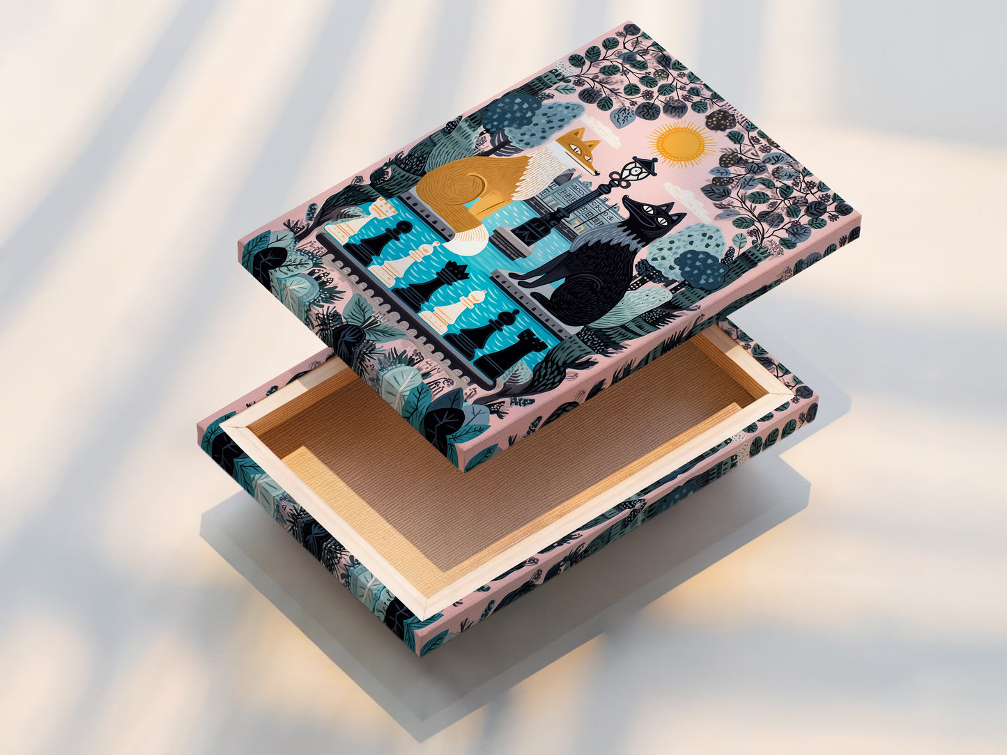 A stretched canvas print features a whimsical chess game with a fox and wolf. The pink pastel colors add a soft touch to this fable artwork. Perfect for kids room decor and nursery wall art. This animal art piece brings a cute contemporary style to any space. It's a charming storybook illustration.