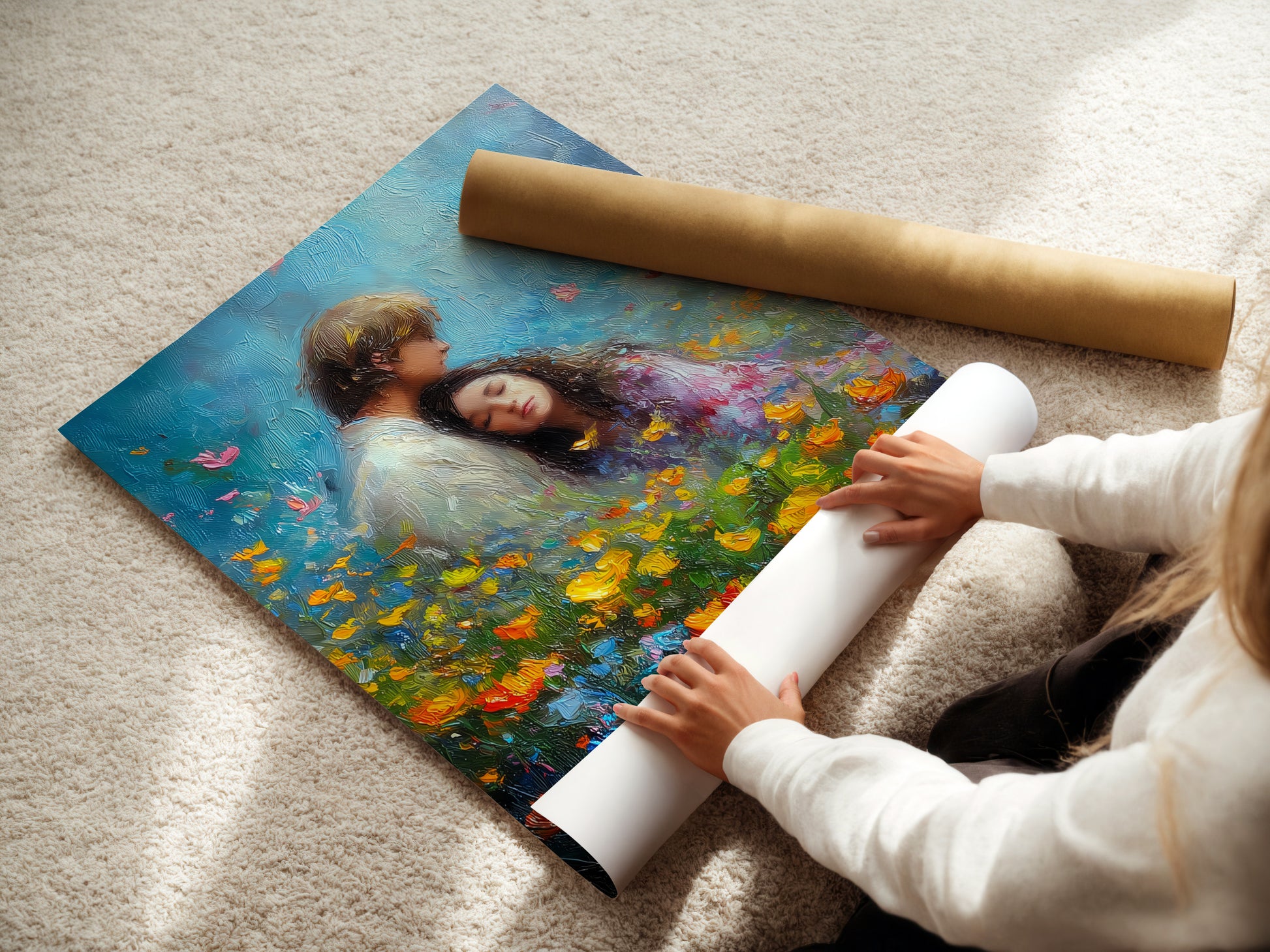 A woman carefully rolling a fine art poster paper. The paper showcases artwork of a couple in a flower field. She handles it with care. The fine art poster paper ensures high-quality reproduction of the image.