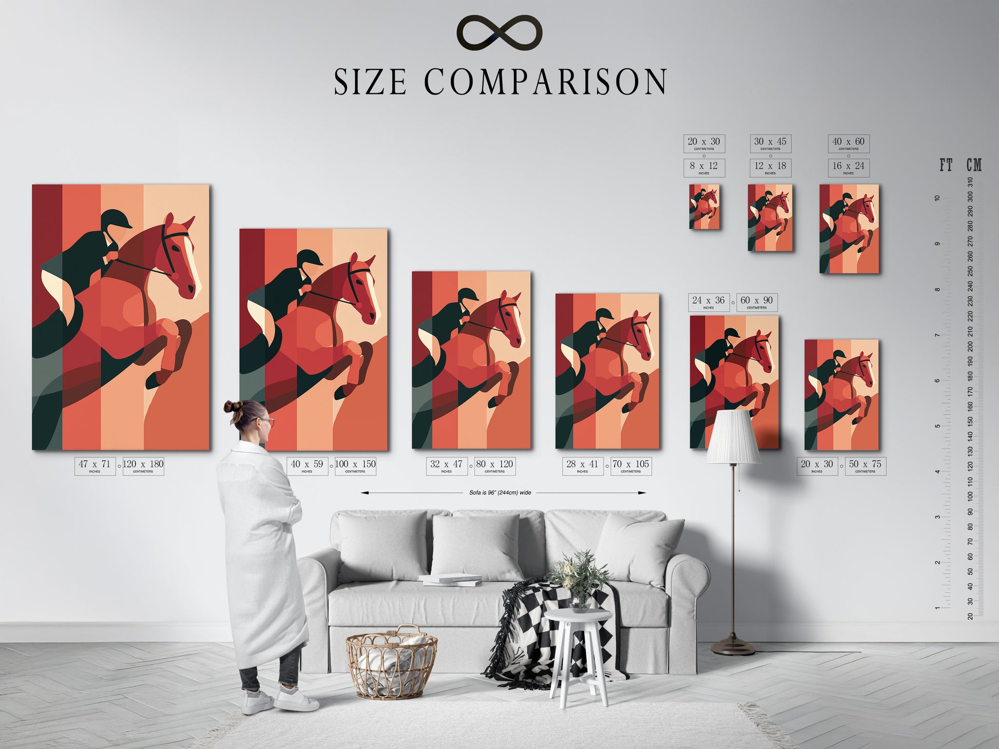 A size comparison chart displayed in a home interior. The chart helps visualize different print sizes. Choose the perfect size for your art print. Find the ideal artwork size for your space.