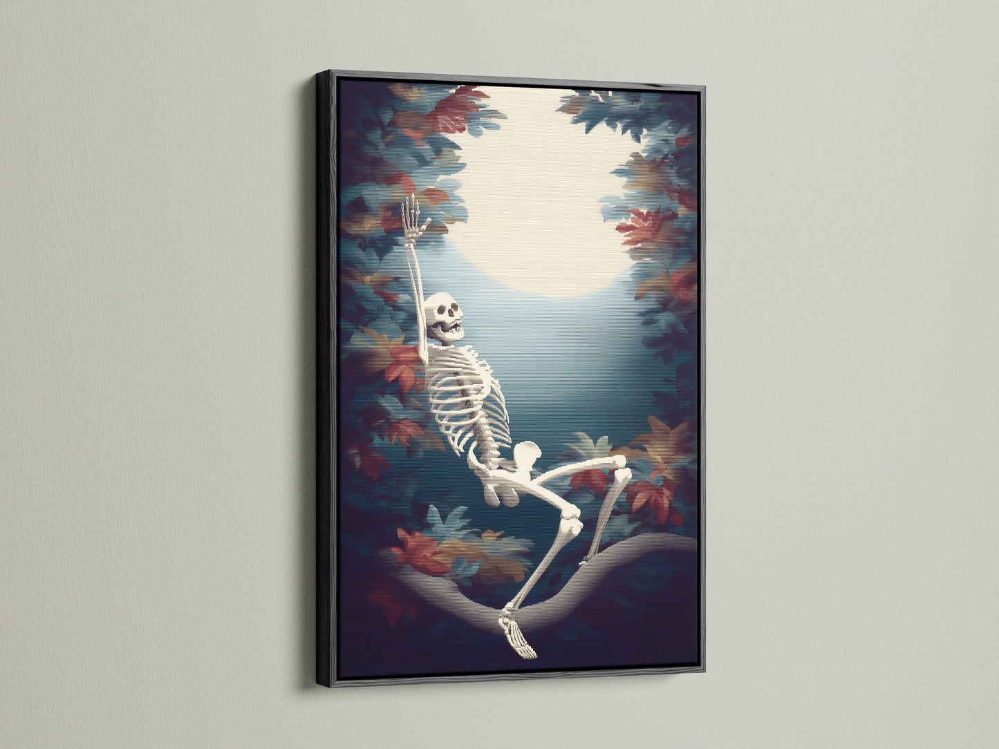 Skeleton Canvas Print in a black frame. This skeleton art makes great spooky decor. It is an excellent Halloween print for your gothic wall. Find macabre art for the fall season.