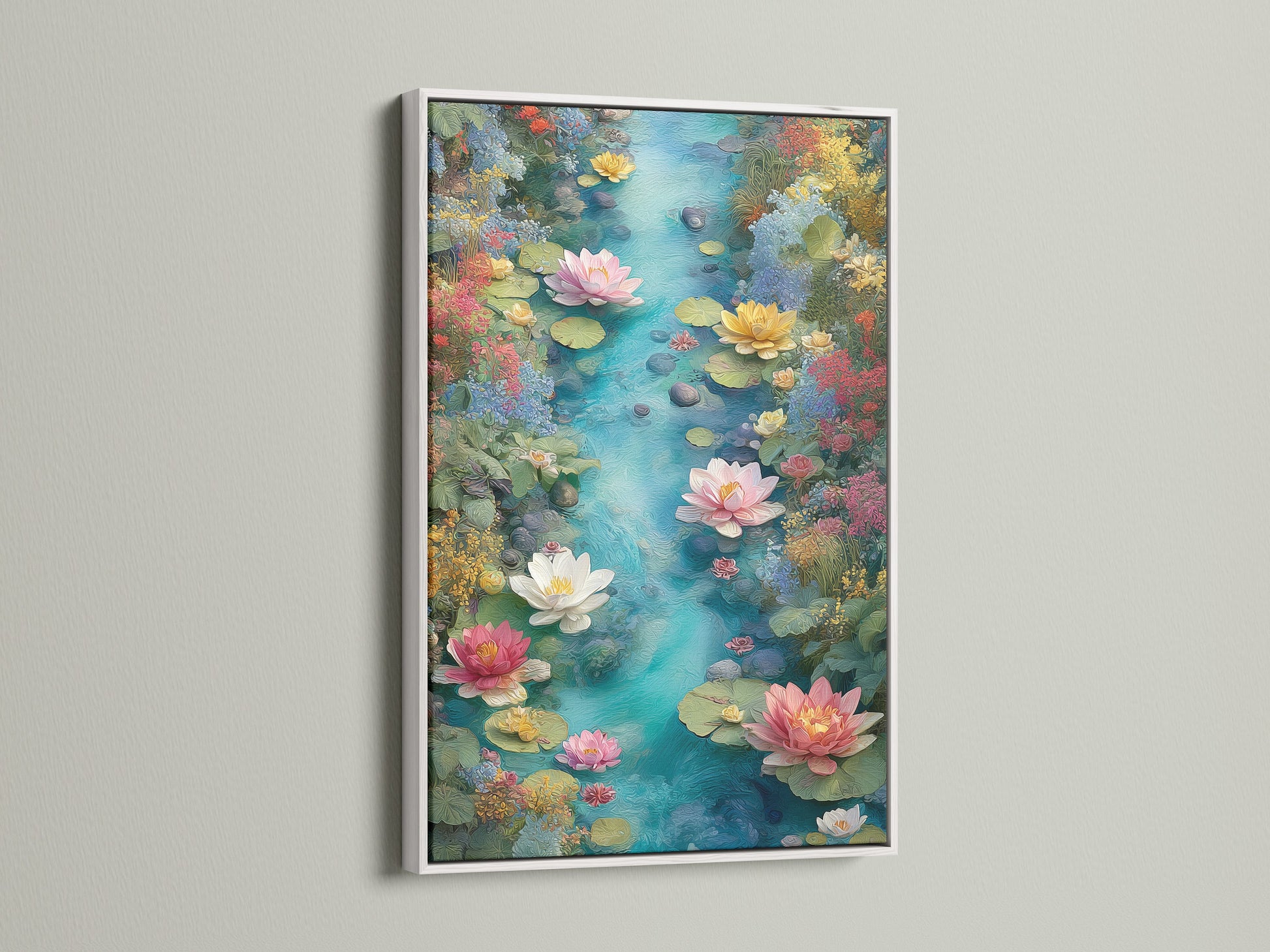 Brighten your walls with the Water Lily Artwork in a white frame. This lotus flower print brings a tranquil feel to your spa bathroom or bedroom. Discover botanical wall art for a serene atmosphere.