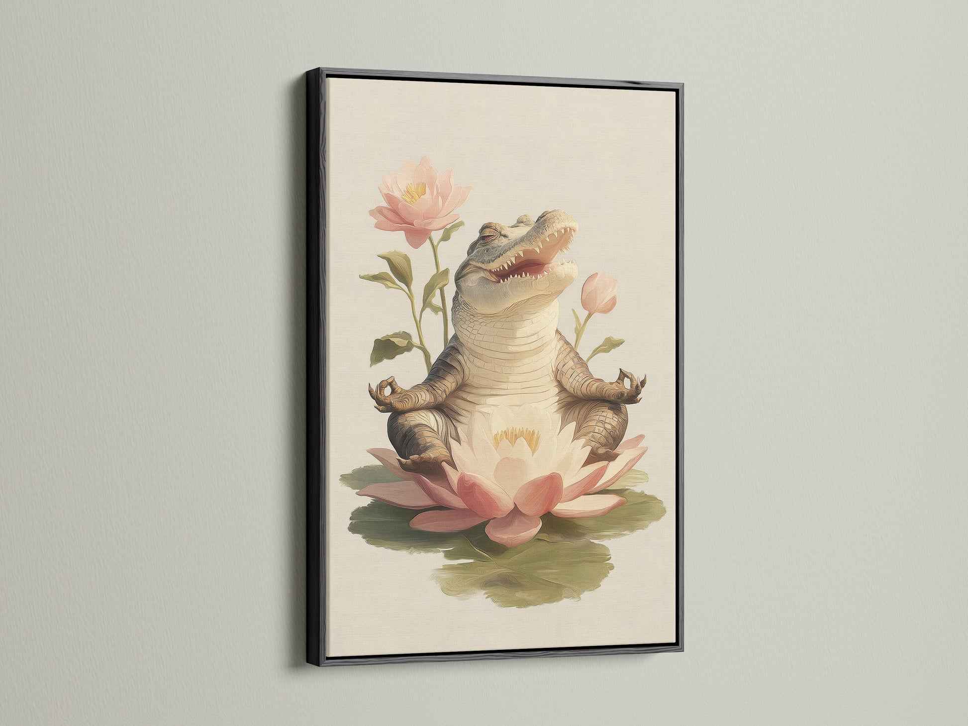 Zen Alligator art print in a black frame. The artwork shows an alligator in a meditation pose. The black frame makes the colors pop. A great choice for adding spiritual artwork to your living space or yoga room.