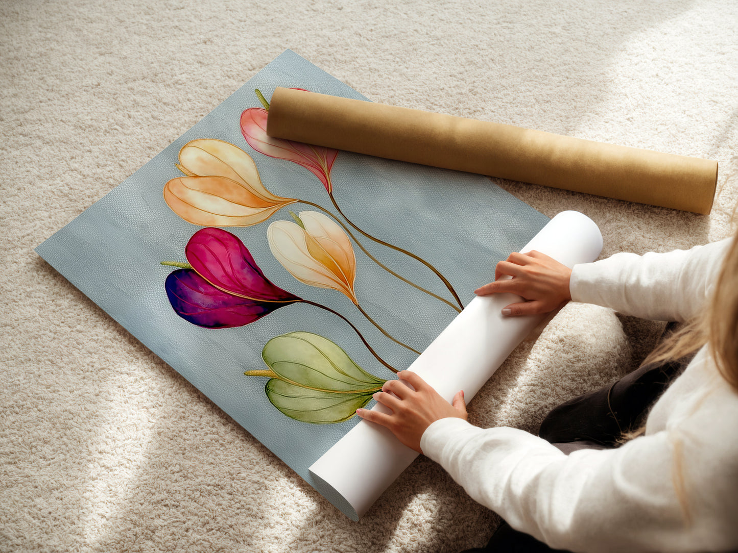 A woman is rolling a fine art poster paper. The paper features a floral watercolor artwork. Ideal for those looking to decorate with floral themes. This modern art print is perfect for bedroom wall decor or living room wall art. The botanical canvas adds a touch of elegance.